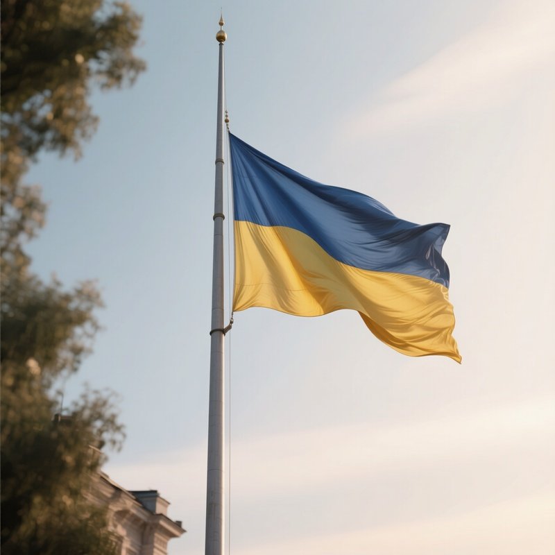 A Photorealistic Scene Of The National Flag Of Ukraine Flying At Half Mast On A Tall Flagpole, Gently Lowering In The Wind Against A Respectful, Calm Backdrop With Soft Natural Lighting.
