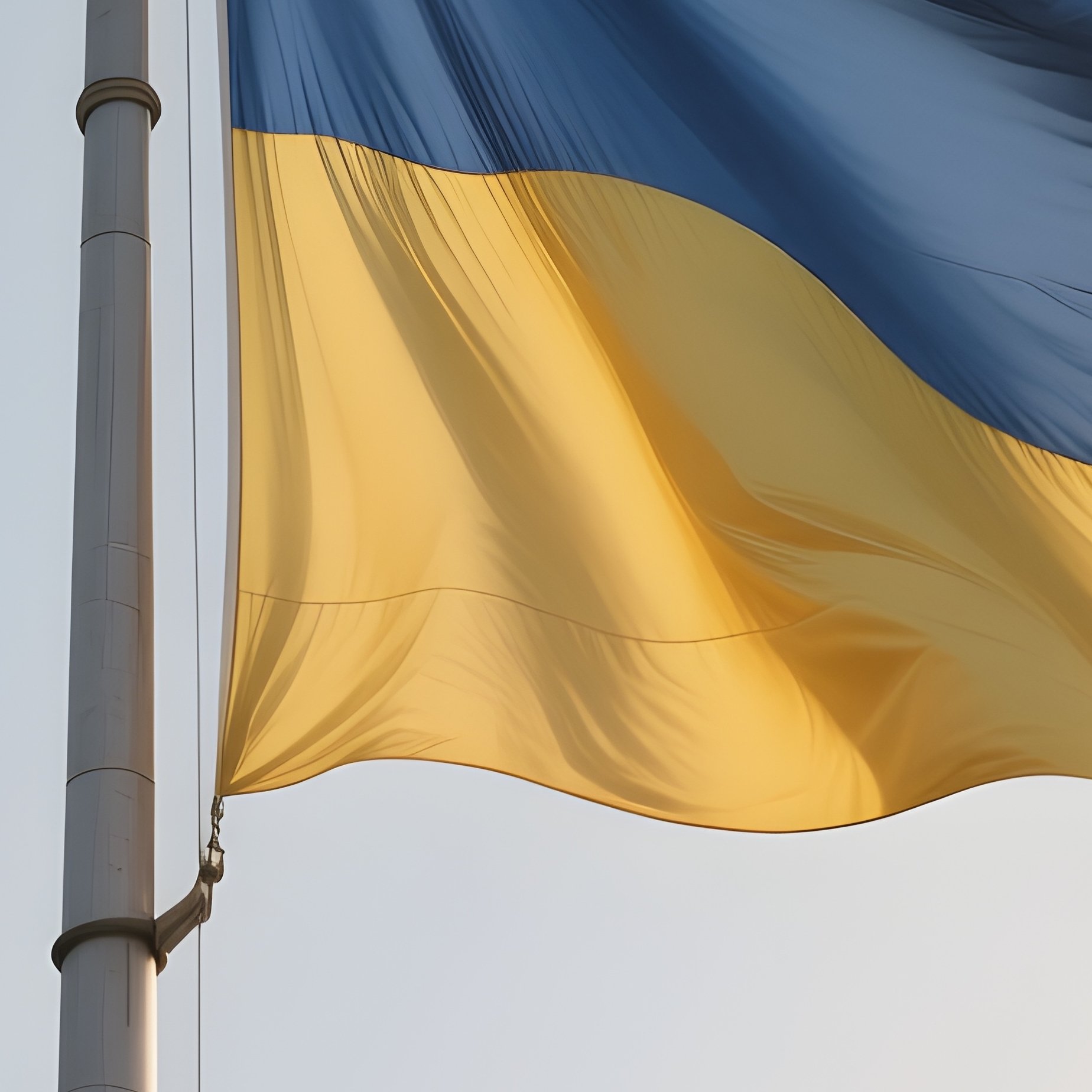 A Photorealistic Scene Of The National Flag Of Ukraine Flying At Half Mast On A Tall Flagpole, Gently Lowering In The Wind Against A Respectful, Calm Backdrop With Soft Natural Lighting. - Full Resolution Quality Preview
