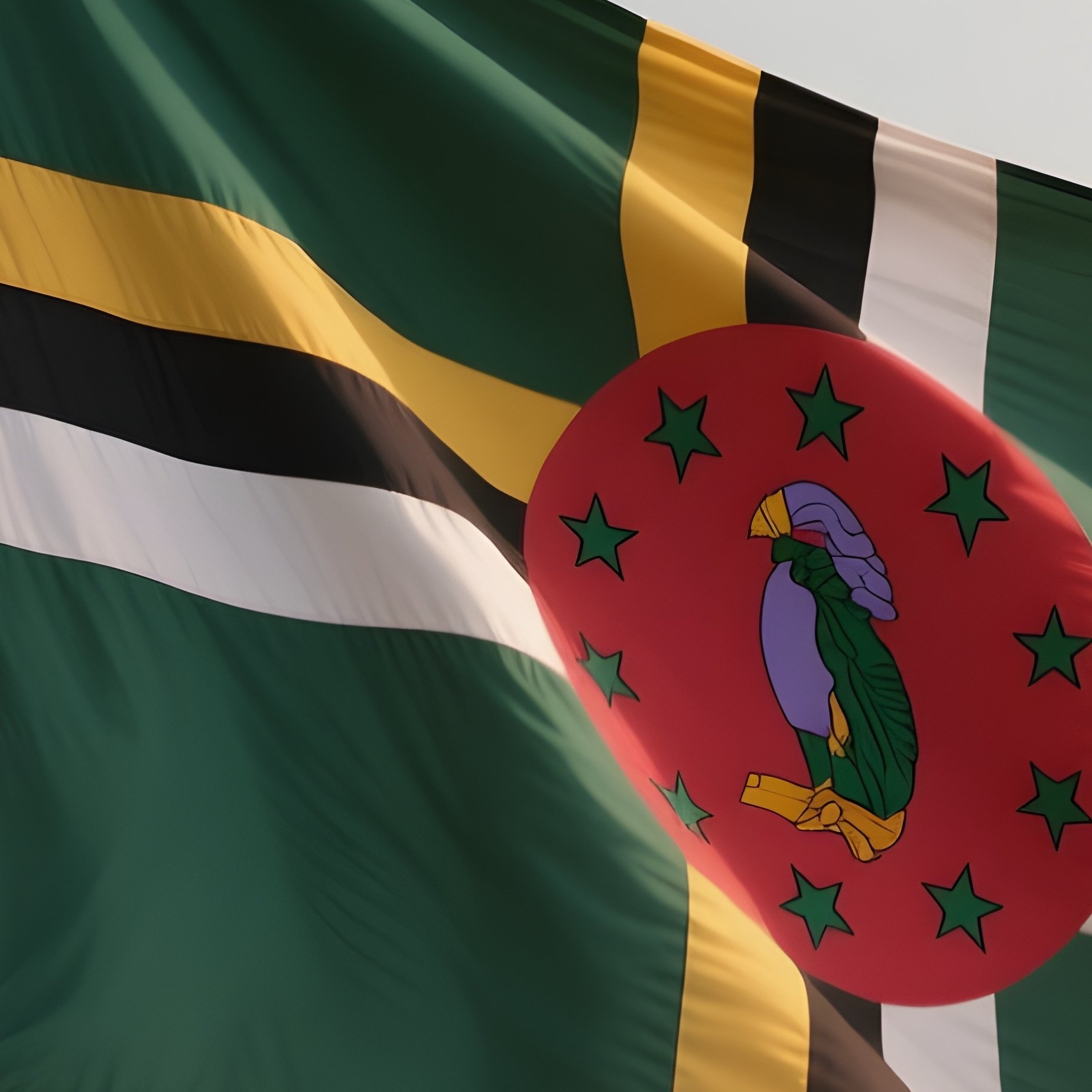 A Photorealistic Scene Of The National Flag Of Dominica Flying At Half Mast On A Tall Flagpole, Gently Lowering In The Wind Against A Respectful, Calm Backdrop With Soft Natural Lighting. - Full Resolution Quality Preview