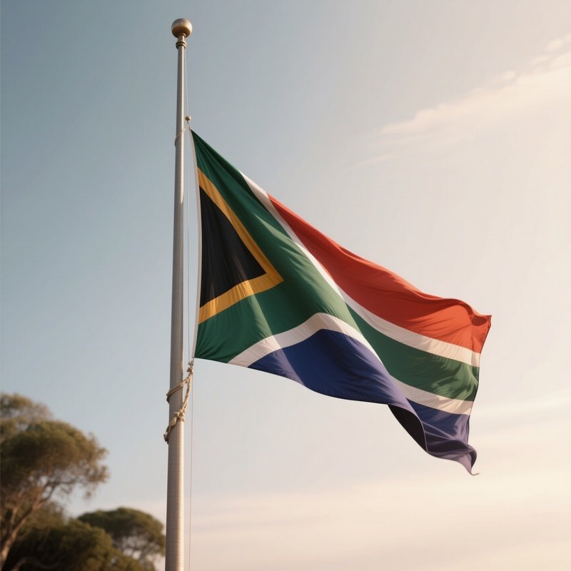 A Photorealistic Scene Of The National Flag Of South Africa Flying At Half Mast On A Tall Flagpole, Gently Lowering In The Wind Against A Respectful, Calm Backdrop With Soft Natural Lighting.