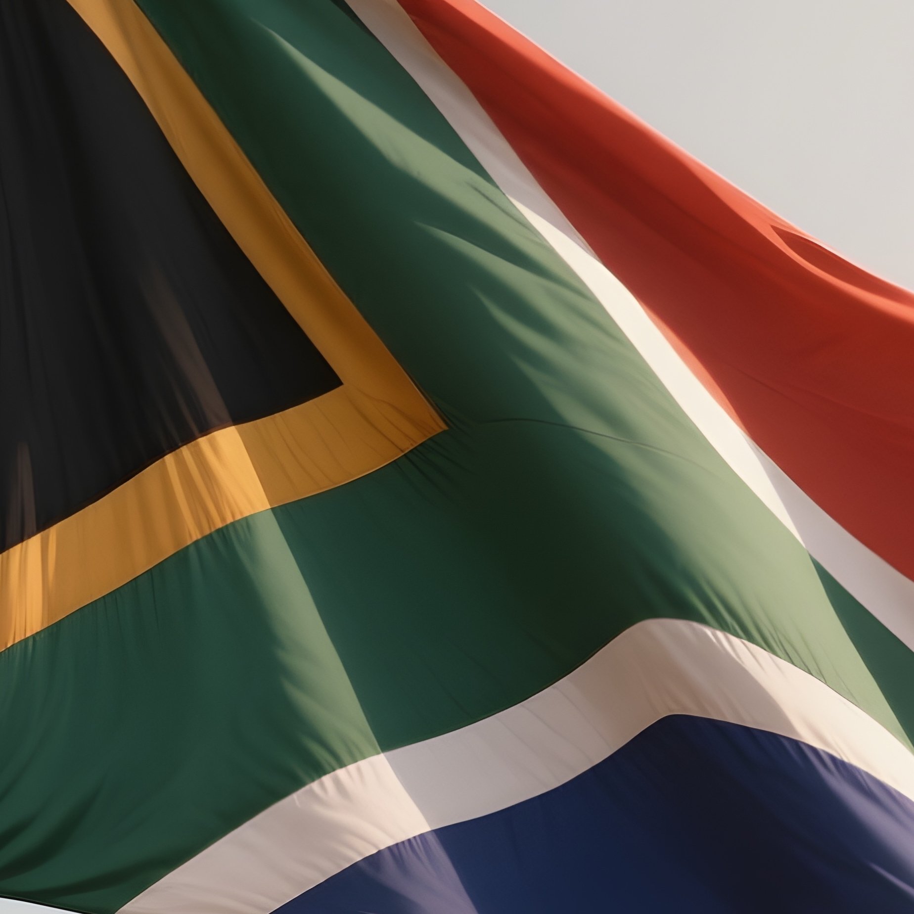 A Photorealistic Scene Of The National Flag Of South Africa Flying At Half Mast On A Tall Flagpole, Gently Lowering In The Wind Against A Respectful, Calm Backdrop With Soft Natural Lighting. - Full Resolution Quality Preview