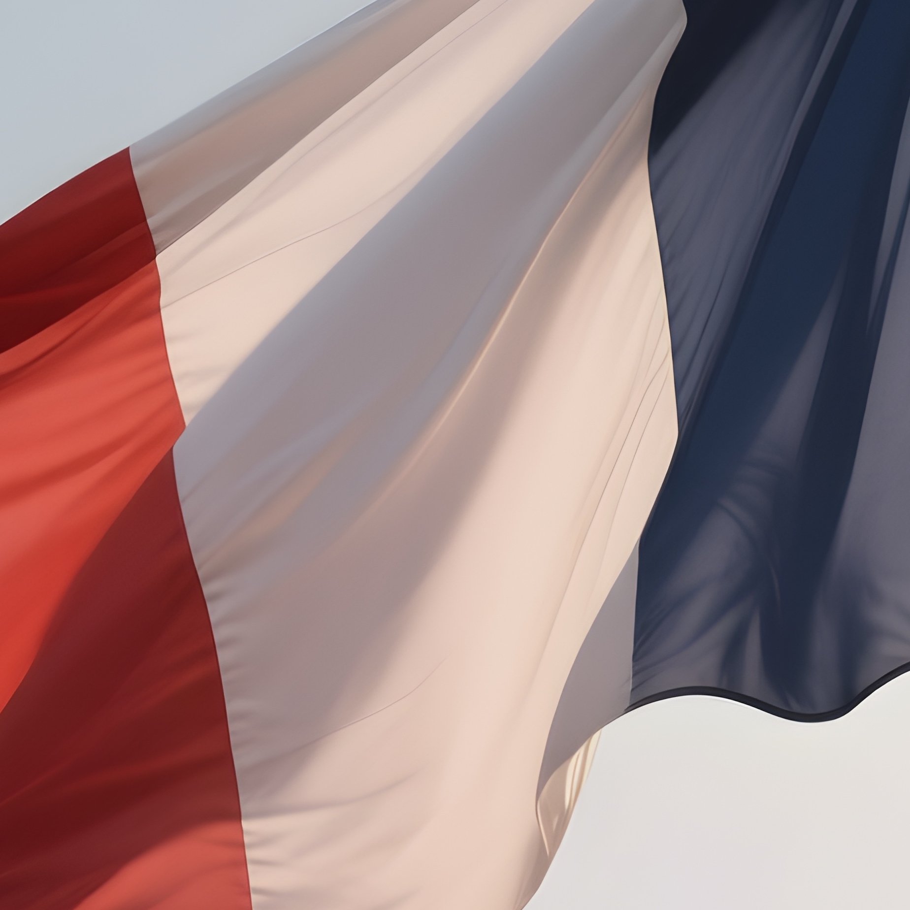 A Photorealistic Scene Of The National Flag Of France Flying At Half Mast On A Tall Flagpole, Gently Lowering In The Wind Against A Respectful, Calm Backdrop With Soft Natural Lighting. - Full Resolution Quality Preview