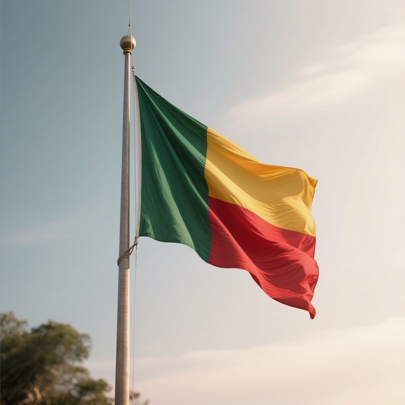 A Photorealistic Scene Of The National Flag Of Benin Flying At Half Mast On A Tall Flagpole, Gently Lowering In The Wind Against A Respectful, Calm Backdrop With Soft Natural Lighting.