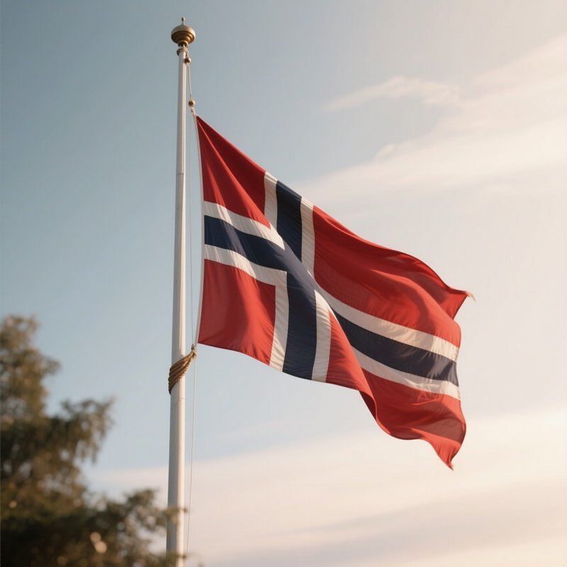 A Photorealistic Scene Of The National Flag Of Norway Flying At Half Mast On A Tall Flagpole, Gently Lowering In The Wind Against A Respectful, Calm Backdrop With Soft Natural Lighting.