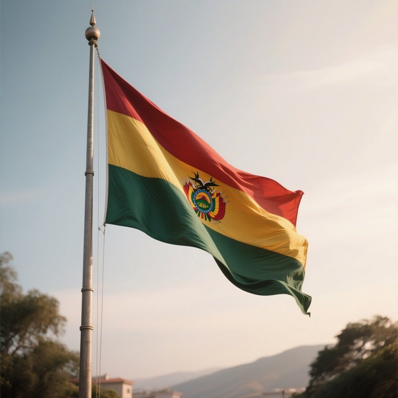 A Photorealistic Scene Of The National Flag Of Bolivia Flying At Half Mast On A Tall Flagpole, Gently Lowering In The Wind Against A Respectful, Calm Backdrop With Soft Natural Lighting.
