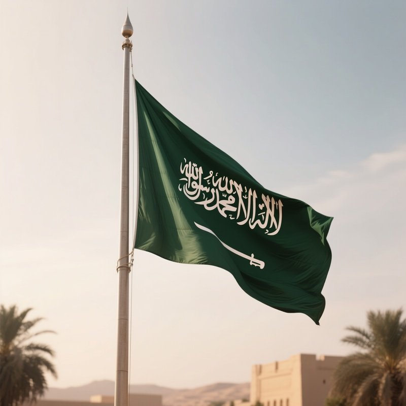 A Photorealistic Scene Of The National Flag Of Saudi Arabia Flying At Half Mast On A Tall Flagpole, Gently Lowering In The Wind Against A Respectful, Calm Backdrop With Soft Natural Lighting.