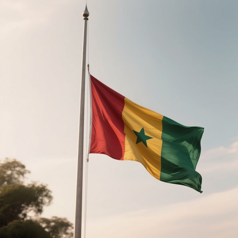 A Photorealistic Scene Of The National Flag Of Guinea Flying At Half Mast On A Tall Flagpole, Gently Lowering In The Wind Against A Respectful, Calm Backdrop With Soft Natural Lighting.