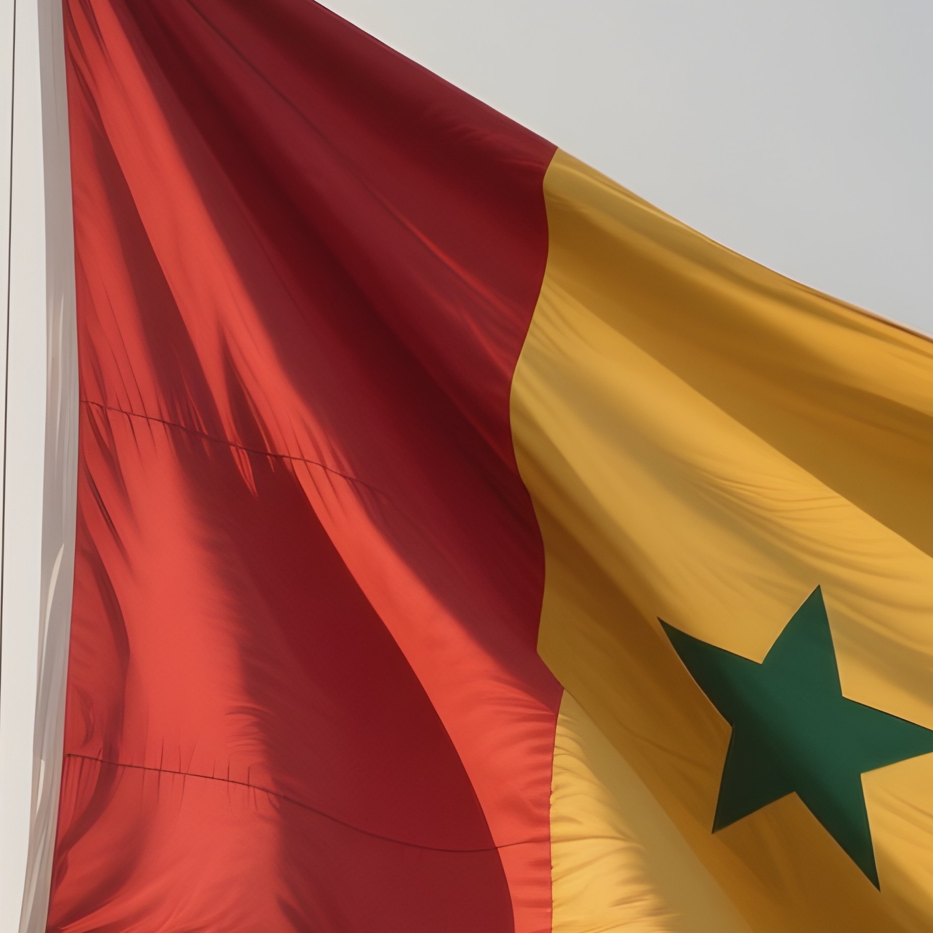 A Photorealistic Scene Of The National Flag Of Guinea Flying At Half Mast On A Tall Flagpole, Gently Lowering In The Wind Against A Respectful, Calm Backdrop With Soft Natural Lighting. - Full Resolution Quality Preview