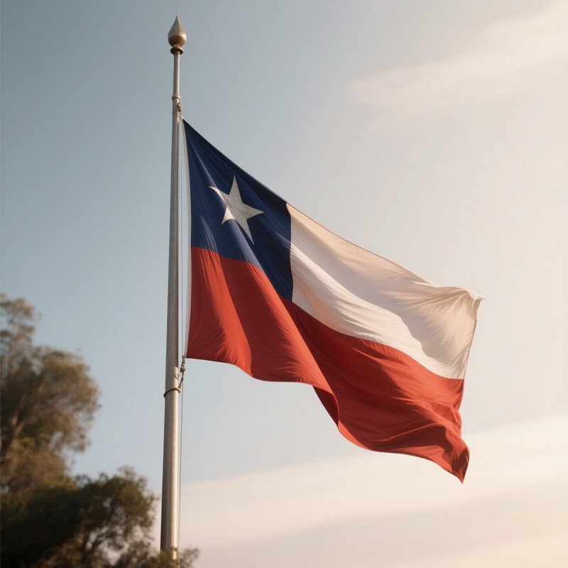 A Photorealistic Scene Of The National Flag Of Chile Flying At Half Mast On A Tall Flagpole, Gently Lowering In The Wind Against A Respectful, Calm Backdrop With Soft Natural Lighting.