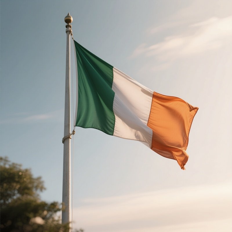 A Photorealistic Scene Of The National Flag Of Ireland Flying At Half Mast On A Tall Flagpole, Gently Lowering In The Wind Against A Respectful, Calm Backdrop With Soft Natural Lighting.