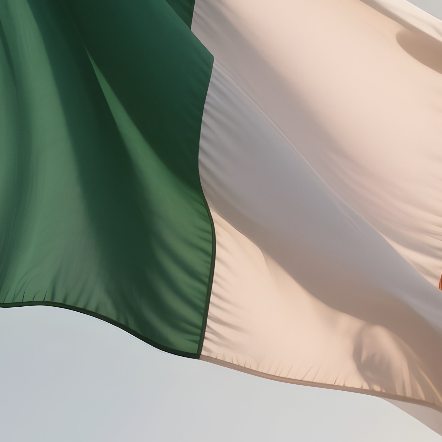 A Photorealistic Scene Of The National Flag Of Ireland Flying At Half Mast On A Tall Flagpole, Gently Lowering In The Wind Against A Respectful, Calm Backdrop With Soft Natural Lighting. - Full Resolution Quality Preview