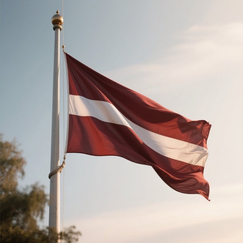 A Photorealistic Scene Of The National Flag Of Latvia Flying At Half Mast On A Tall Flagpole, Gently Lowering In The Wind Against A Respectful, Calm Backdrop With Soft Natural Lighting.