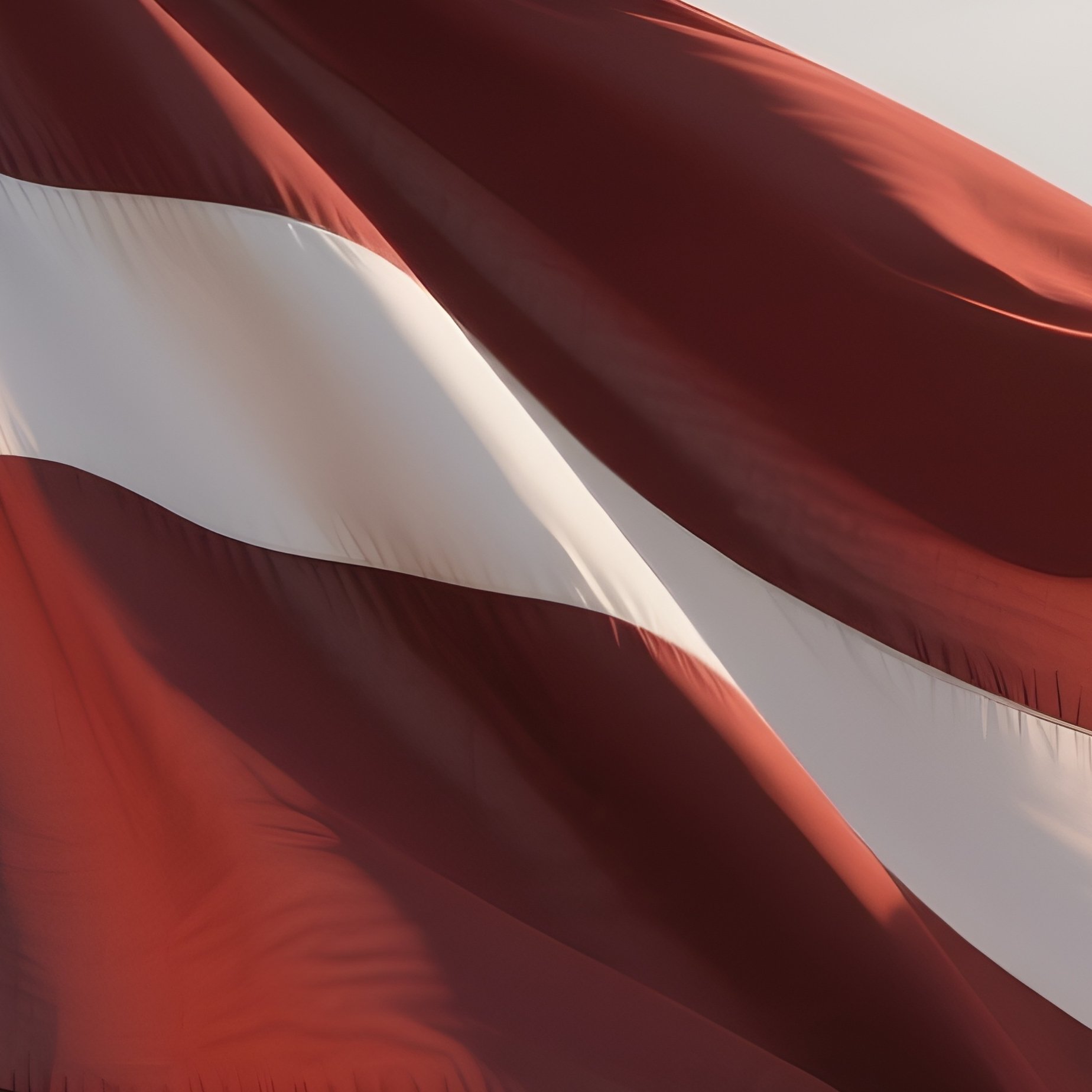 A Photorealistic Scene Of The National Flag Of Latvia Flying At Half Mast On A Tall Flagpole, Gently Lowering In The Wind Against A Respectful, Calm Backdrop With Soft Natural Lighting. - Full Resolution Quality Preview