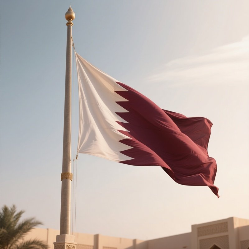 A Photorealistic Scene Of The National Flag Of Qatar Flying At Half Mast On A Tall Flagpole, Gently Lowering In The Wind Against A Respectful, Calm Backdrop With Soft Natural Lighting.