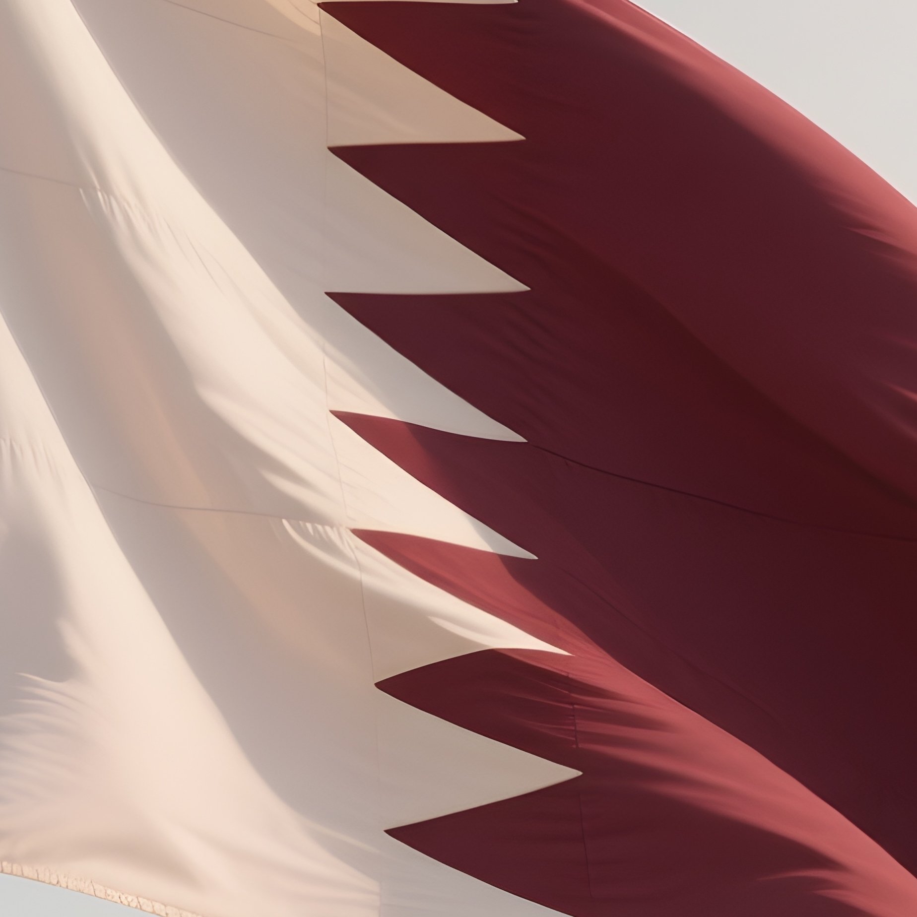 A Photorealistic Scene Of The National Flag Of Qatar Flying At Half Mast On A Tall Flagpole, Gently Lowering In The Wind Against A Respectful, Calm Backdrop With Soft Natural Lighting. - Full Resolution Quality Preview