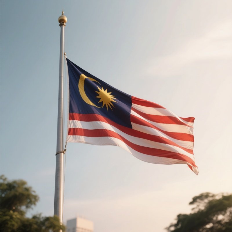 A Photorealistic Scene Of The National Flag Of Malaysia Flying At Half Mast On A Tall Flagpole, Gently Lowering In The Wind Against A Respectful, Calm Backdrop With Soft Natural Lighting.