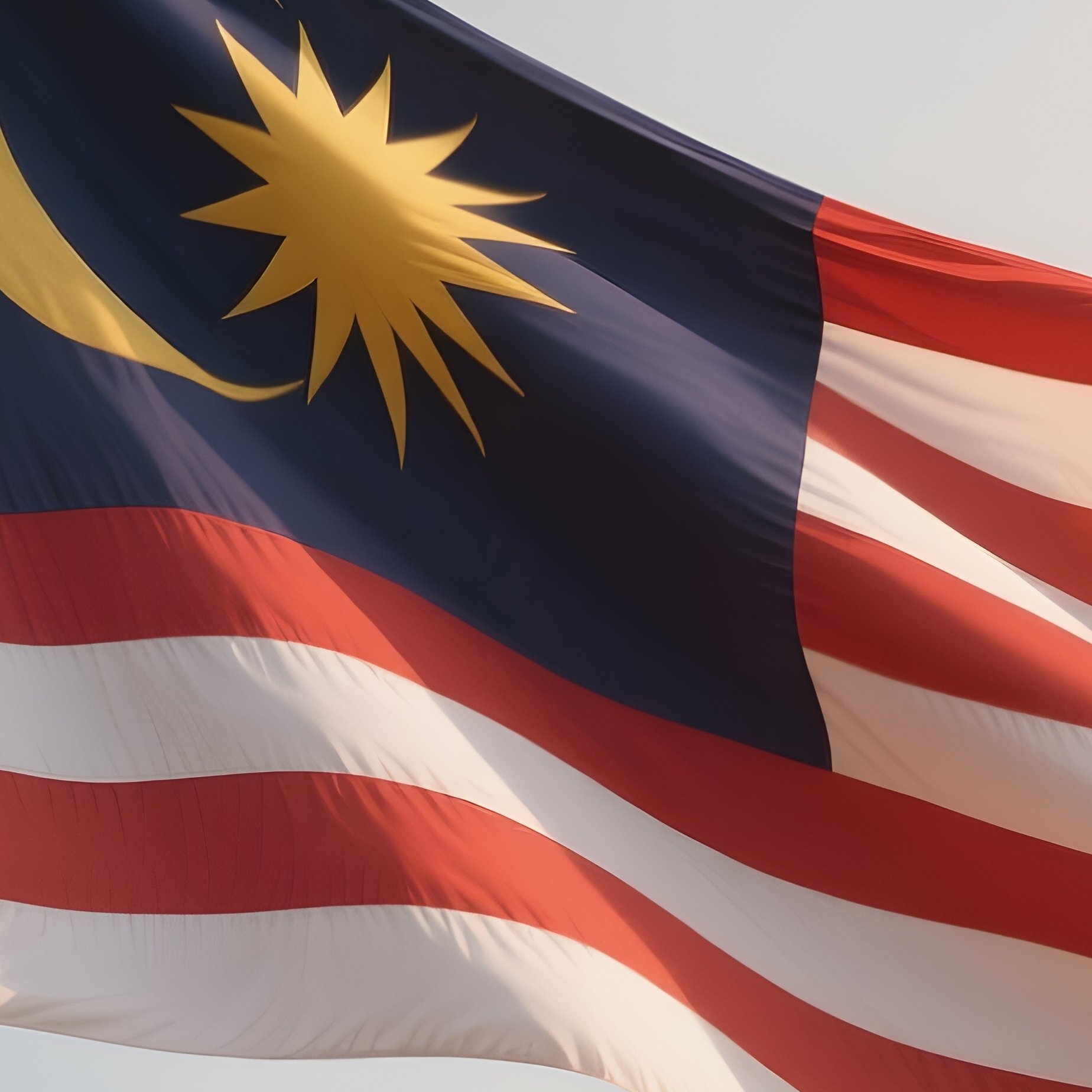 A Photorealistic Scene Of The National Flag Of Malaysia Flying At Half Mast On A Tall Flagpole, Gently Lowering In The Wind Against A Respectful, Calm Backdrop With Soft Natural Lighting. - Full Resolution Quality Preview