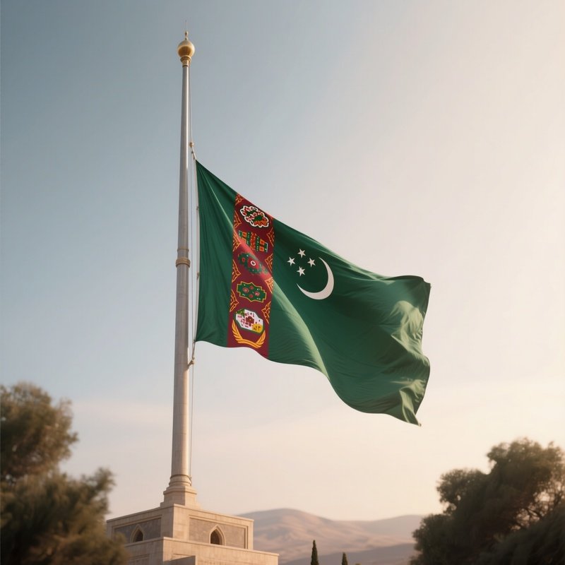 A Photorealistic Scene Of The National Flag Of Turkmenistan Flying At Half Mast On A Tall Flagpole, Gently Lowering In The Wind Against A Respectful, Calm Backdrop With Soft Natural Lighting.