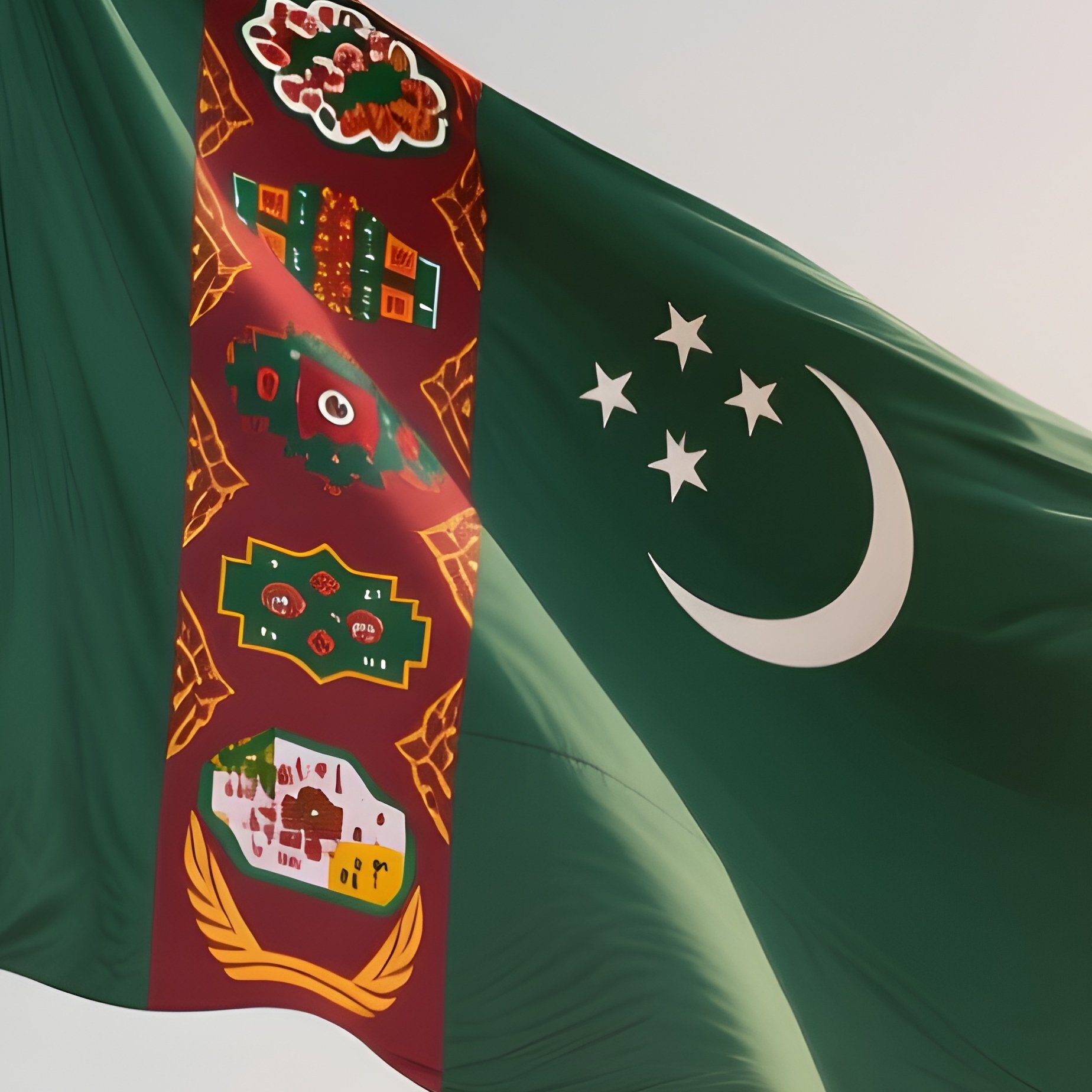 A Photorealistic Scene Of The National Flag Of Turkmenistan Flying At Half Mast On A Tall Flagpole, Gently Lowering In The Wind Against A Respectful, Calm Backdrop With Soft Natural Lighting. - Full Resolution Quality Preview