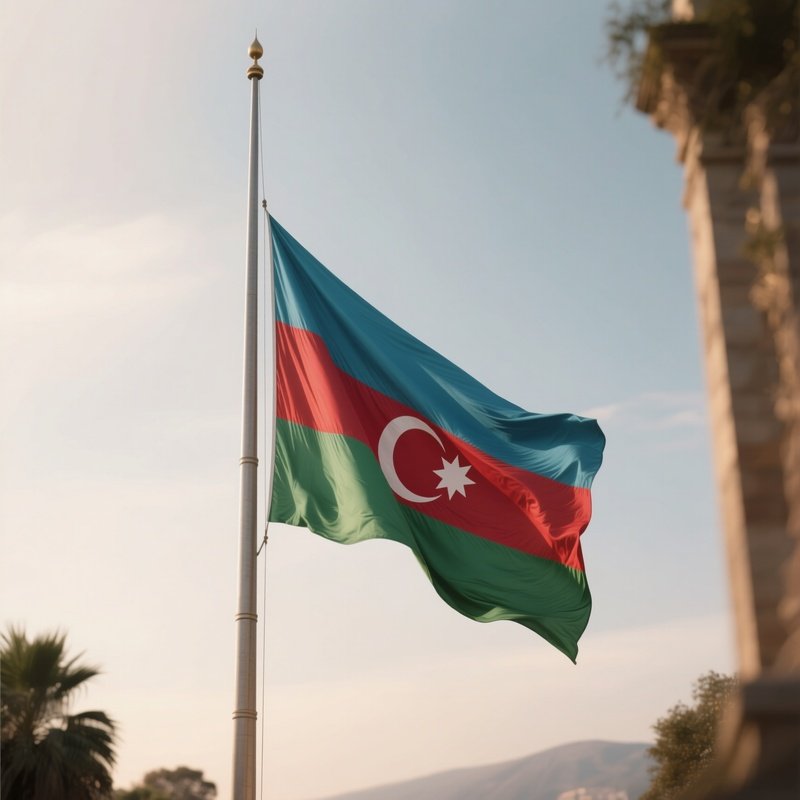 A Photorealistic Scene Of The National Flag Of Azerbaijan Flying At Half Mast On A Tall Flagpole, Gently Lowering In The Wind Against A Respectful, Calm Backdrop With Soft Natural Lighting.