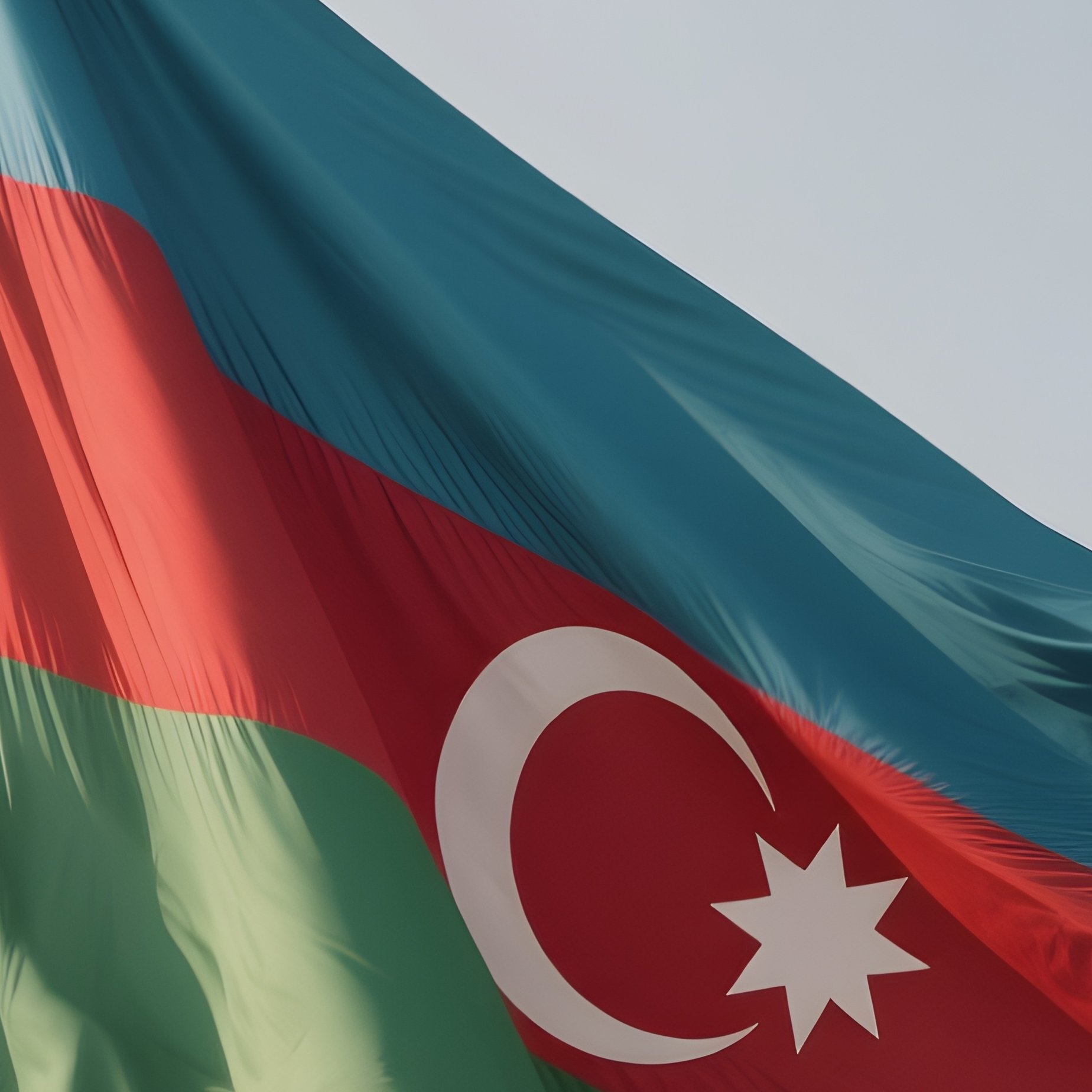 A Photorealistic Scene Of The National Flag Of Azerbaijan Flying At Half Mast On A Tall Flagpole, Gently Lowering In The Wind Against A Respectful, Calm Backdrop With Soft Natural Lighting. - Full Resolution Quality Preview