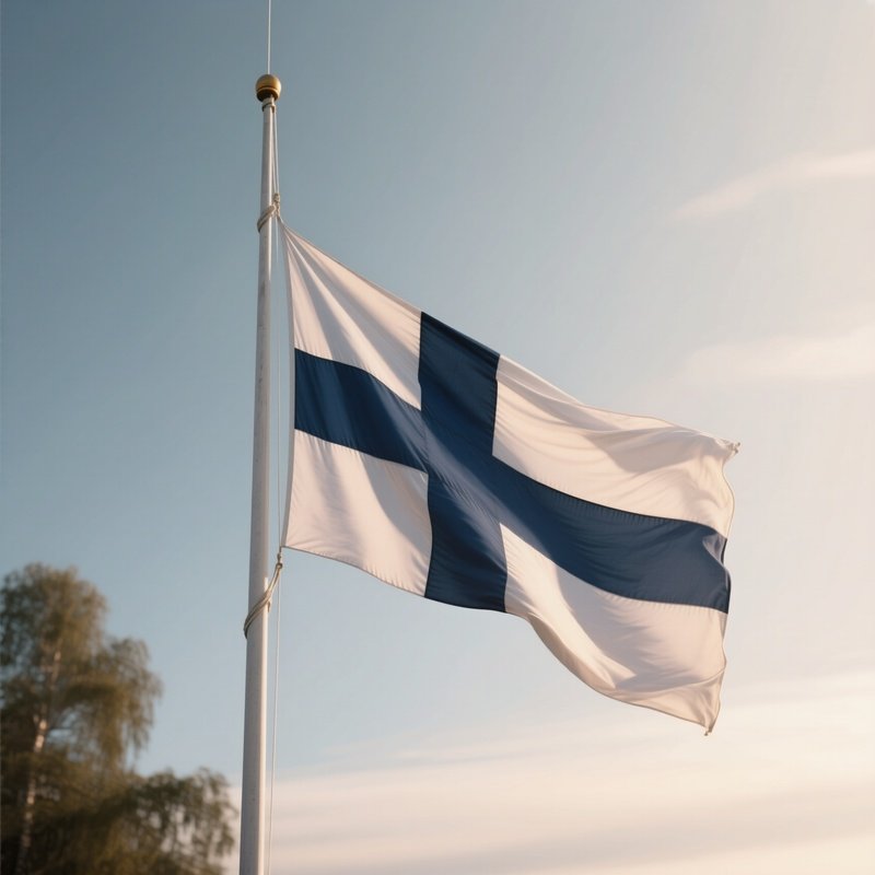 A Photorealistic Scene Of The National Flag Of Finland Flying At Half Mast On A Tall Flagpole, Gently Lowering In The Wind Against A Respectful, Calm Backdrop With Soft Natural Lighting.