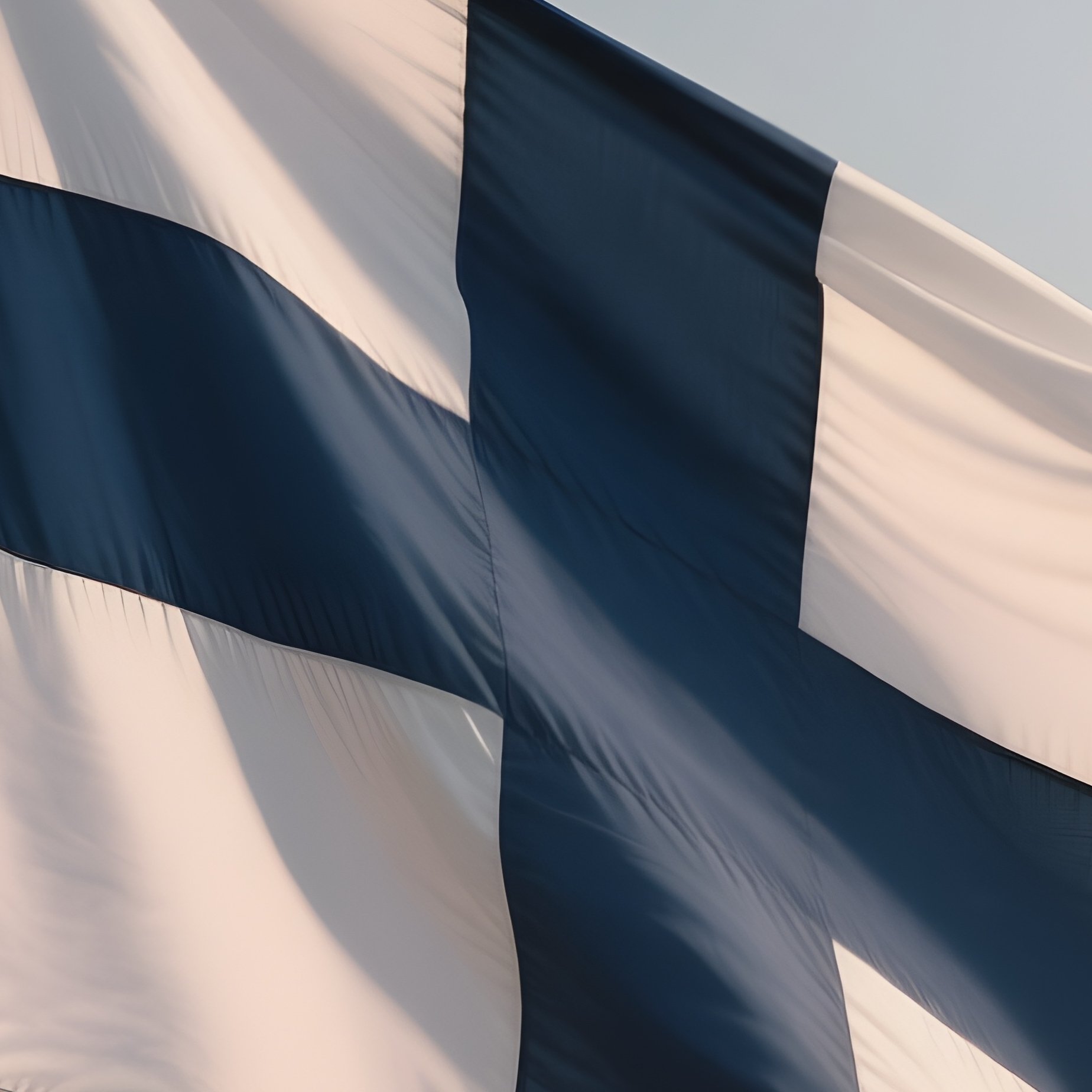 A Photorealistic Scene Of The National Flag Of Finland Flying At Half Mast On A Tall Flagpole, Gently Lowering In The Wind Against A Respectful, Calm Backdrop With Soft Natural Lighting. - Full Resolution Quality Preview