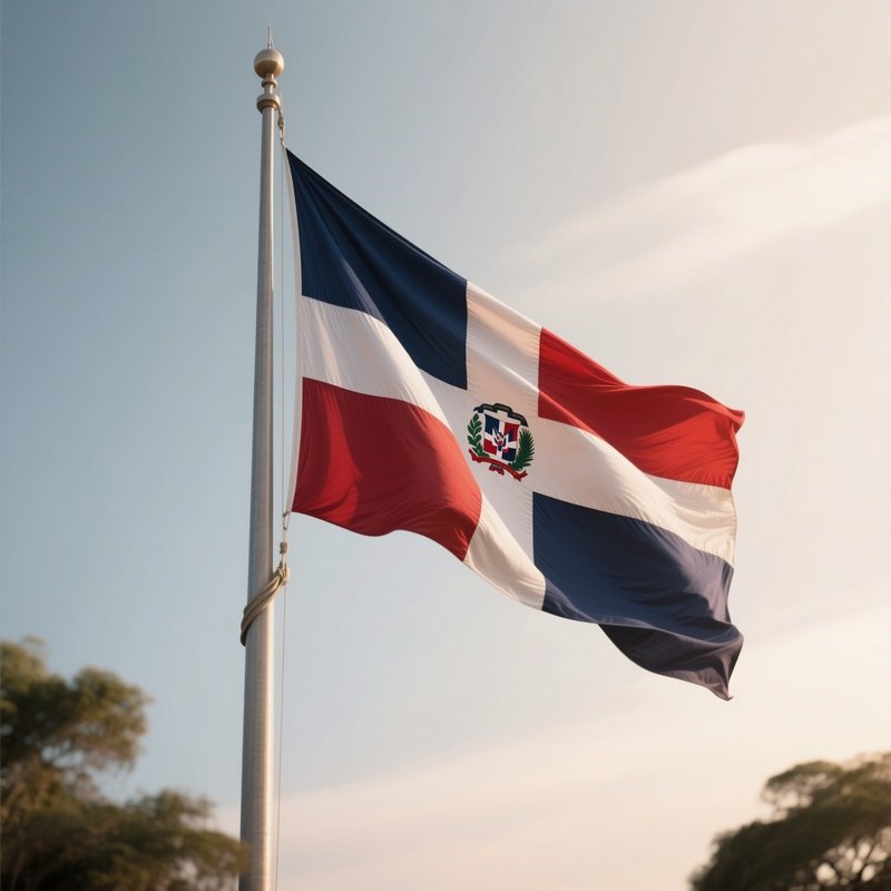 A Photorealistic Scene Of The National Flag Of Dominican Republic Flying At Half Mast On A Tall Flagpole, Gently Lowering In The Wind Against A Respectful, Calm Backdrop With Soft Natural Lighting.