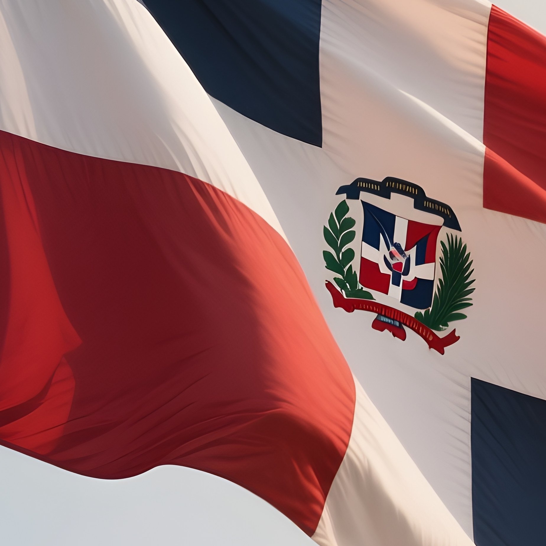 A Photorealistic Scene Of The National Flag Of Dominican Republic Flying At Half Mast On A Tall Flagpole, Gently Lowering In The Wind Against A Respectful, Calm Backdrop With Soft Natural Lighting. - Full Resolution Quality Preview