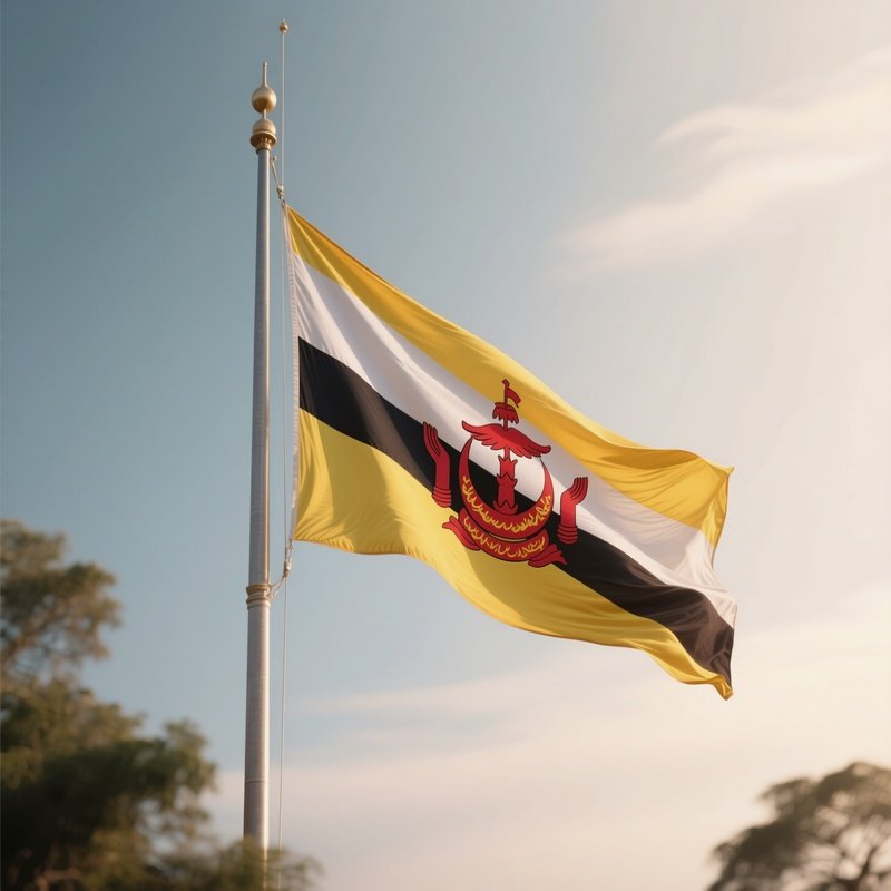 A Photorealistic Scene Of The National Flag Of Brunei Flying At Half Mast On A Tall Flagpole, Gently Lowering In The Wind Against A Respectful, Calm Backdrop With Soft Natural Lighting.