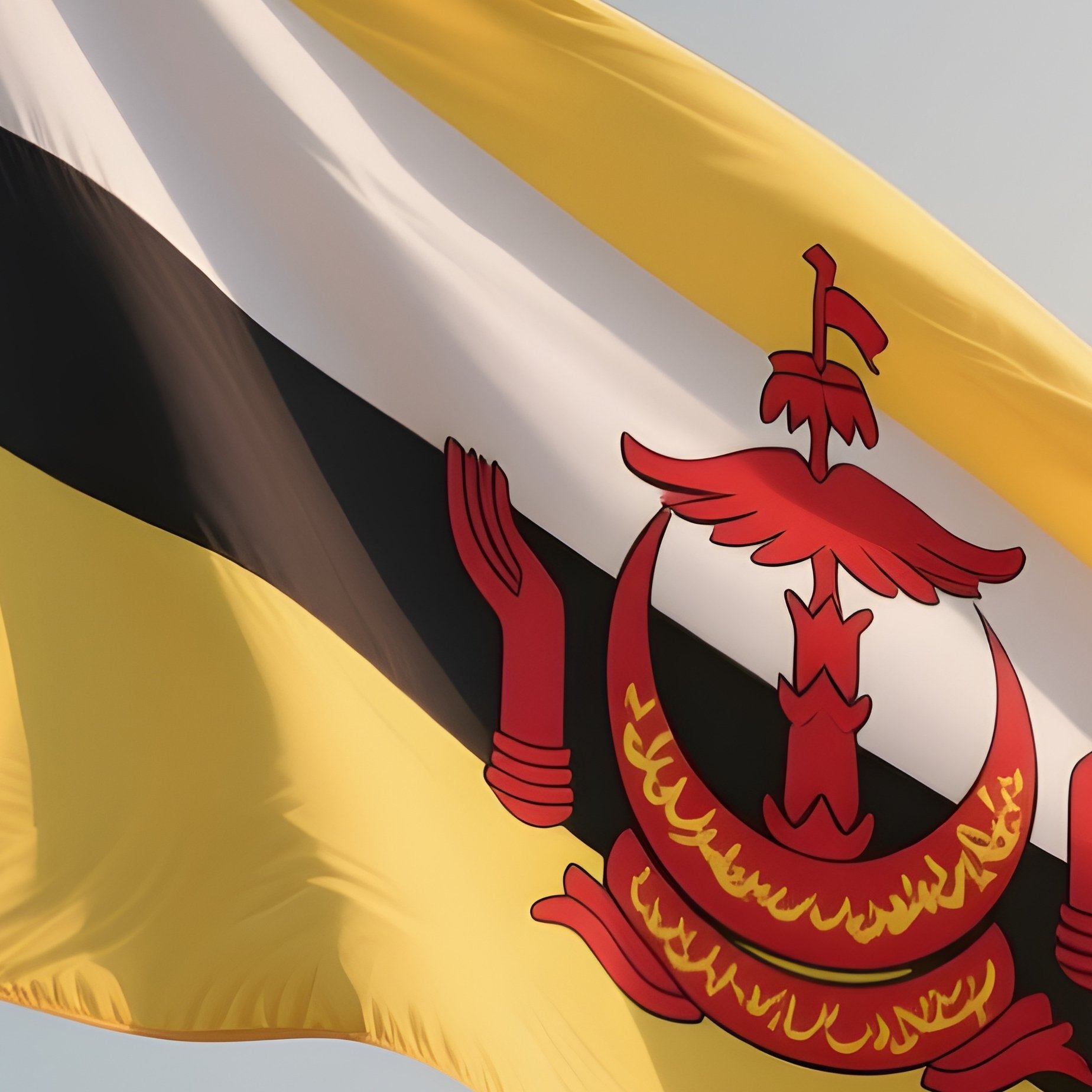 A Photorealistic Scene Of The National Flag Of Brunei Flying At Half Mast On A Tall Flagpole, Gently Lowering In The Wind Against A Respectful, Calm Backdrop With Soft Natural Lighting. - Full Resolution Quality Preview