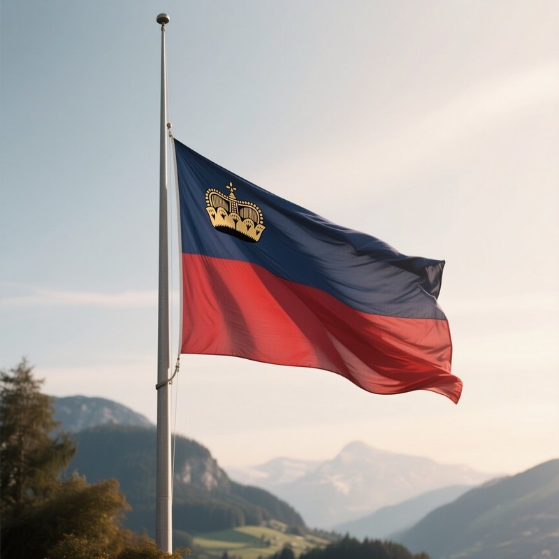 A Photorealistic Scene Of The National Flag Of Liechtenstein Flying At Half Mast On A Tall Flagpole, Gently Lowering In The Wind Against A Respectful, Calm Backdrop With Soft Natural Lighting.