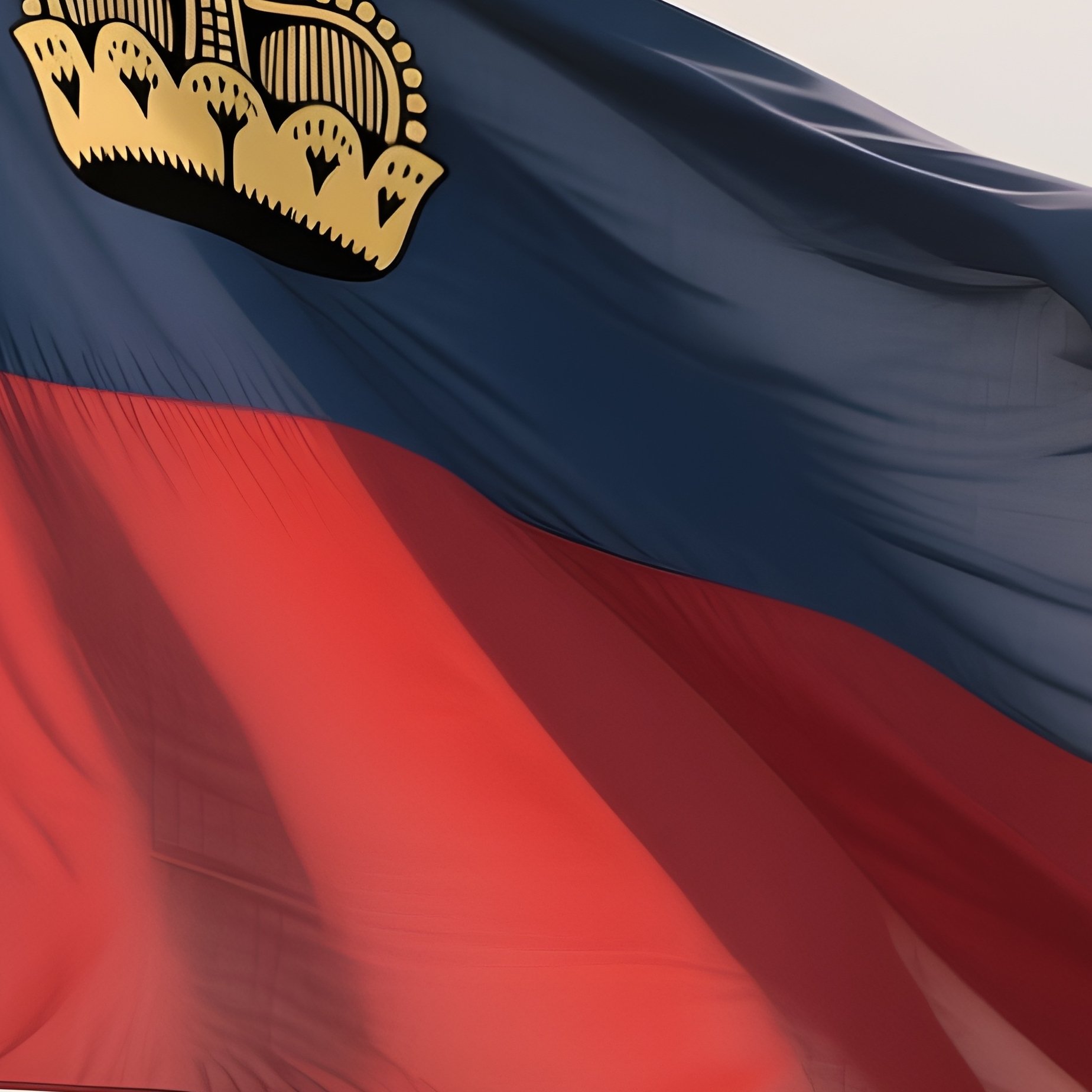 A Photorealistic Scene Of The National Flag Of Liechtenstein Flying At Half Mast On A Tall Flagpole, Gently Lowering In The Wind Against A Respectful, Calm Backdrop With Soft Natural Lighting. - Full Resolution Quality Preview