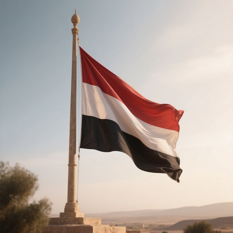 A Photorealistic Scene Of The National Flag Of Yemen Flying At Half Mast On A Tall Flagpole, Gently Lowering In The Wind Against A Respectful, Calm Backdrop With Soft Natural Lighting.