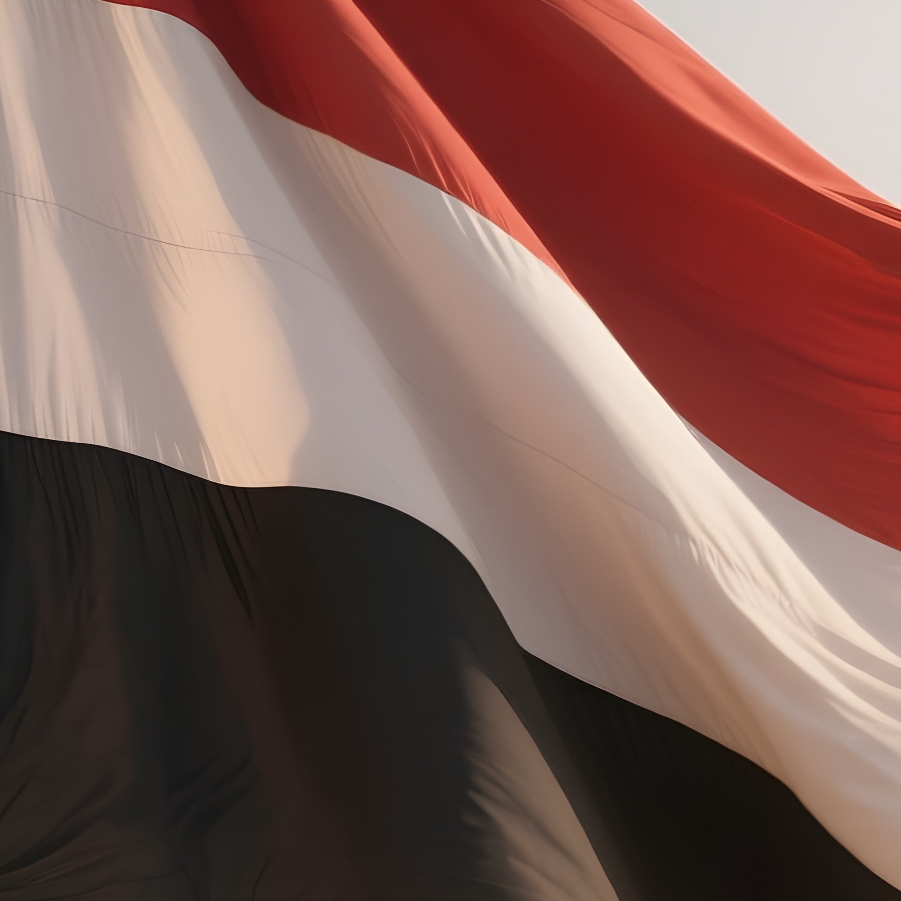 A Photorealistic Scene Of The National Flag Of Yemen Flying At Half Mast On A Tall Flagpole, Gently Lowering In The Wind Against A Respectful, Calm Backdrop With Soft Natural Lighting. - Full Resolution Quality Preview