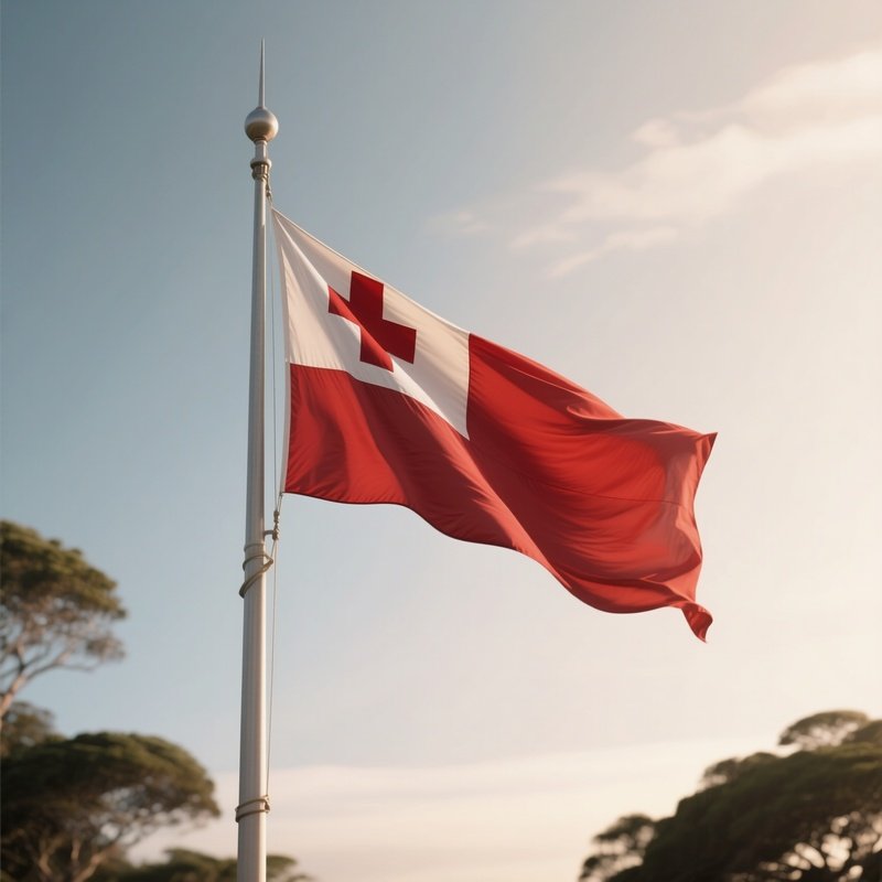 A Photorealistic Scene Of The National Flag Of Tonga Flying At Half Mast On A Tall Flagpole, Gently Lowering In The Wind Against A Respectful, Calm Backdrop With Soft Natural Lighting.