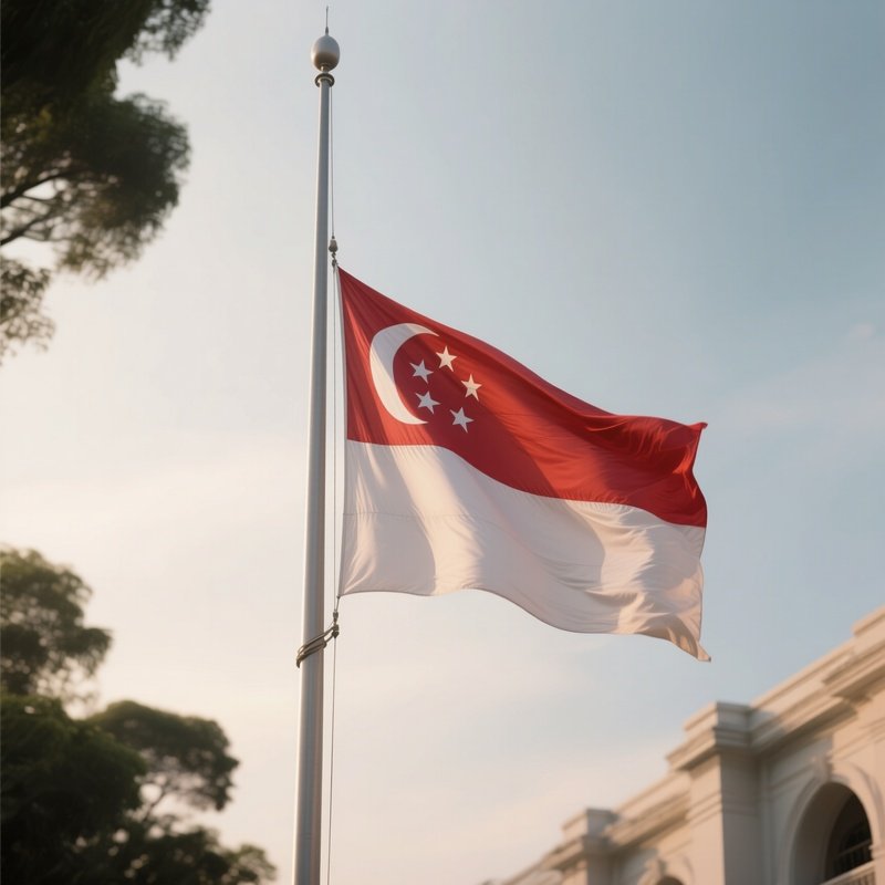 A Photorealistic Scene Of The National Flag Of Singapore Flying At Half Mast On A Tall Flagpole, Gently Lowering In The Wind Against A Respectful, Calm Backdrop With Soft Natural Lighting.