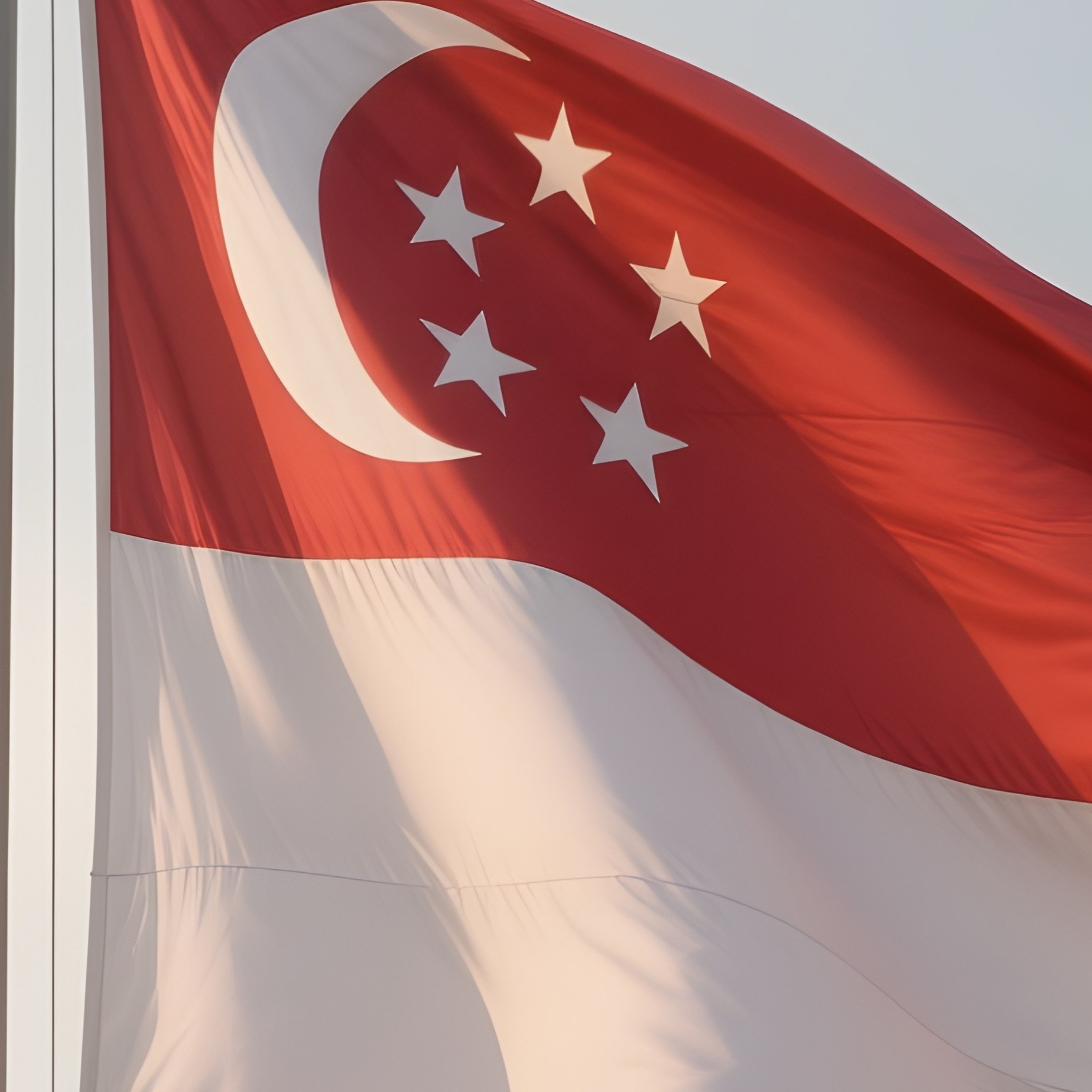 A Photorealistic Scene Of The National Flag Of Singapore Flying At Half Mast On A Tall Flagpole, Gently Lowering In The Wind Against A Respectful, Calm Backdrop With Soft Natural Lighting. - Full Resolution Quality Preview
