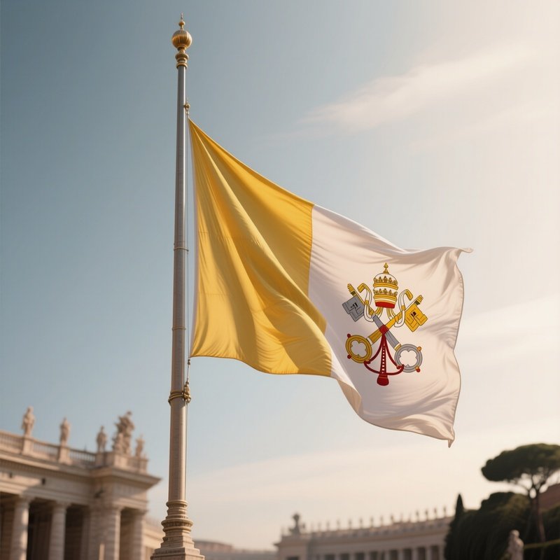 A Photorealistic Scene Of The National Flag Of Vatican City Flying At Half Mast On A Tall Flagpole, Gently Lowering In The Wind Against A Respectful, Calm Backdrop With Soft Natural Lighting.