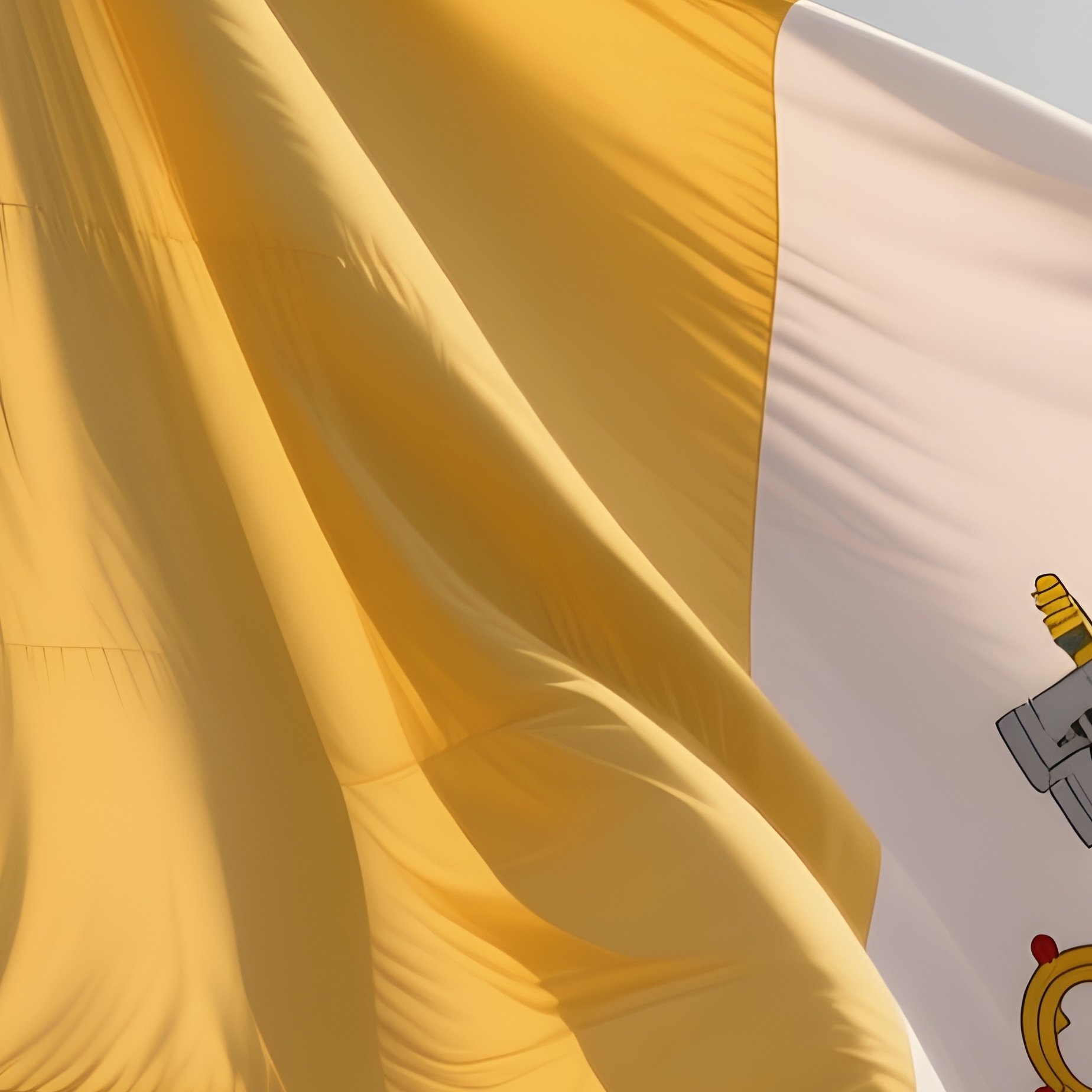 A Photorealistic Scene Of The National Flag Of Vatican City Flying At Half Mast On A Tall Flagpole, Gently Lowering In The Wind Against A Respectful, Calm Backdrop With Soft Natural Lighting. - Full Resolution Quality Preview