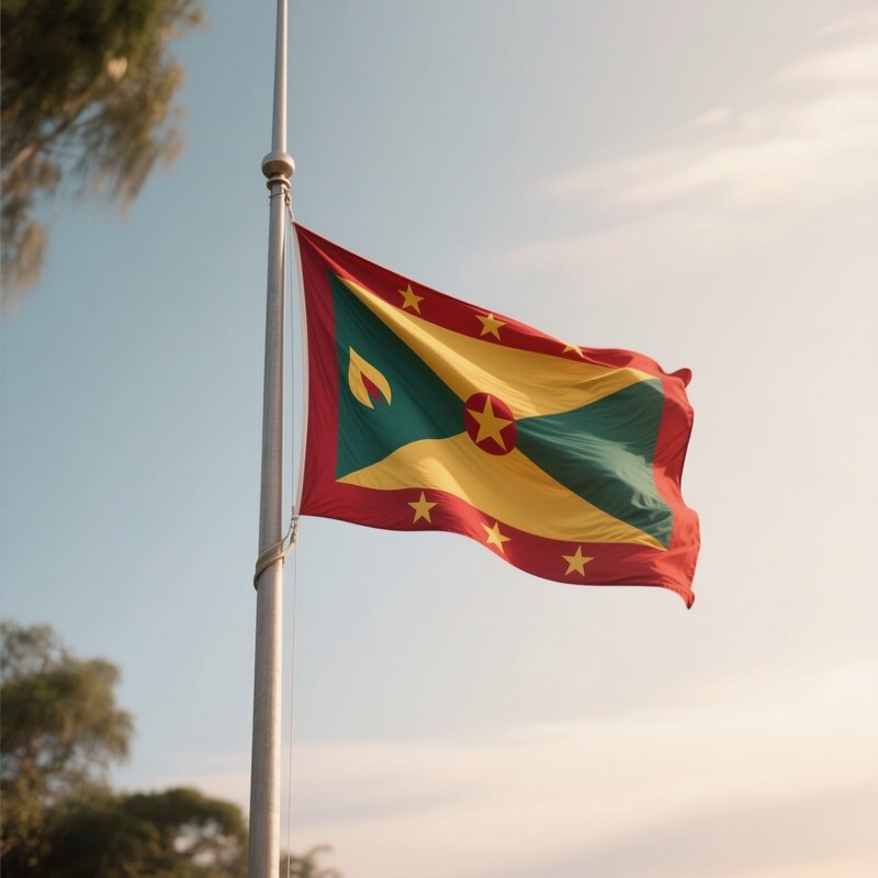 A Photorealistic Scene Of The National Flag Of Grenada Flying At Half Mast On A Tall Flagpole, Gently Lowering In The Wind Against A Respectful, Calm Backdrop With Soft Natural Lighting.