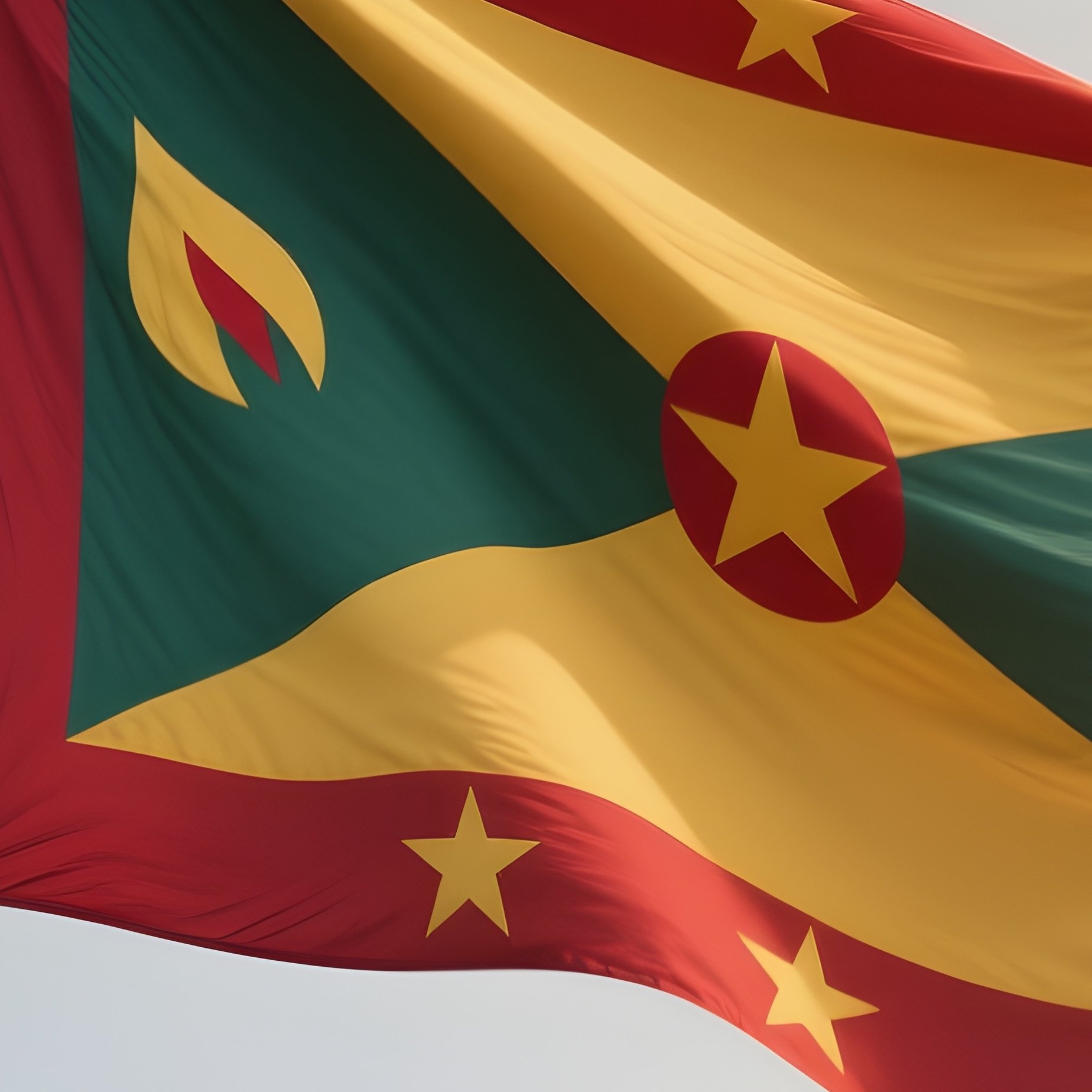 A Photorealistic Scene Of The National Flag Of Grenada Flying At Half Mast On A Tall Flagpole, Gently Lowering In The Wind Against A Respectful, Calm Backdrop With Soft Natural Lighting. - Full Resolution Quality Preview