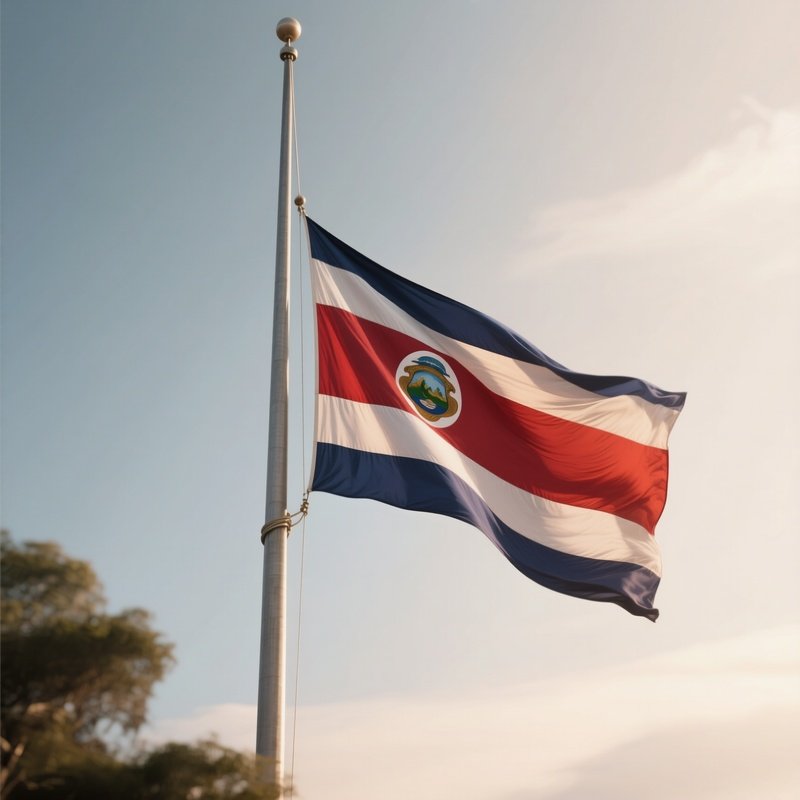 A Photorealistic Scene Of The National Flag Of Costa Rica Flying At Half Mast On A Tall Flagpole, Gently Lowering In The Wind Against A Respectful, Calm Backdrop With Soft Natural Lighting.