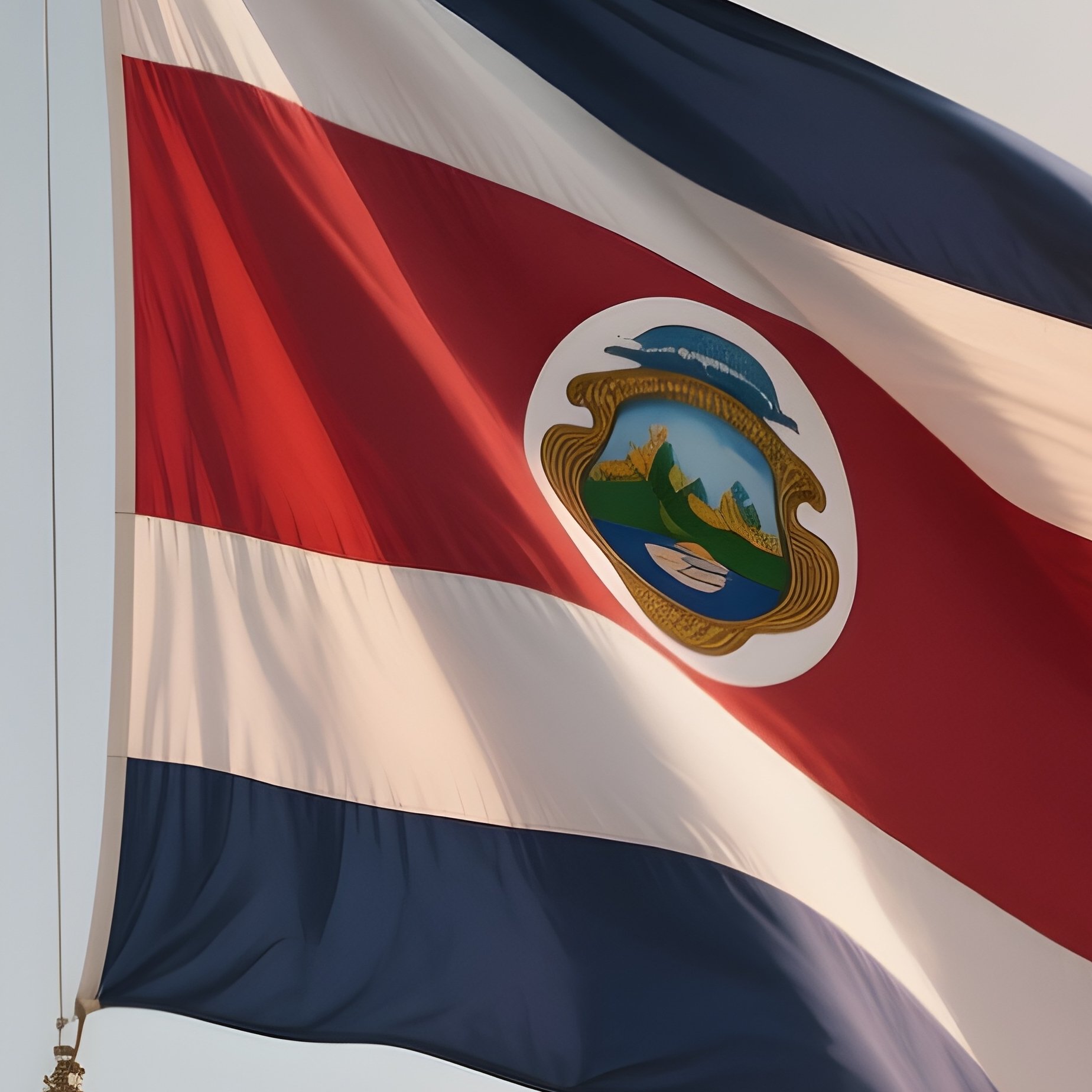 A Photorealistic Scene Of The National Flag Of Costa Rica Flying At Half Mast On A Tall Flagpole, Gently Lowering In The Wind Against A Respectful, Calm Backdrop With Soft Natural Lighting. - Full Resolution Quality Preview