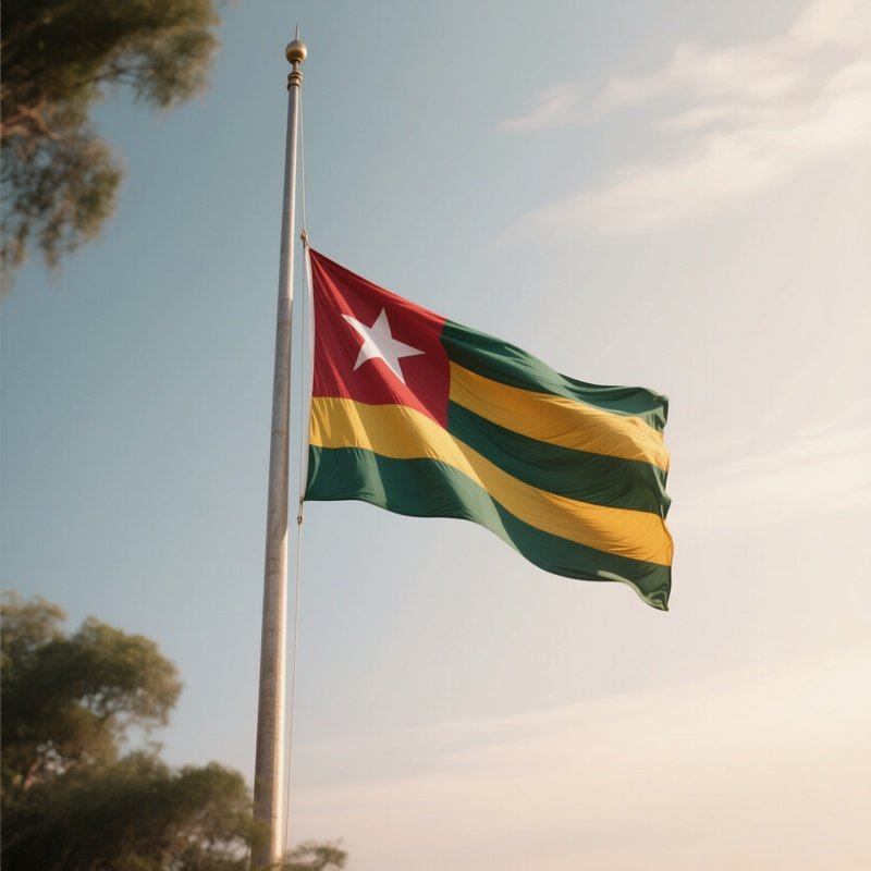 A Photorealistic Scene Of The National Flag Of Togo Flying At Half Mast On A Tall Flagpole, Gently Lowering In The Wind Against A Respectful, Calm Backdrop With Soft Natural Lighting.