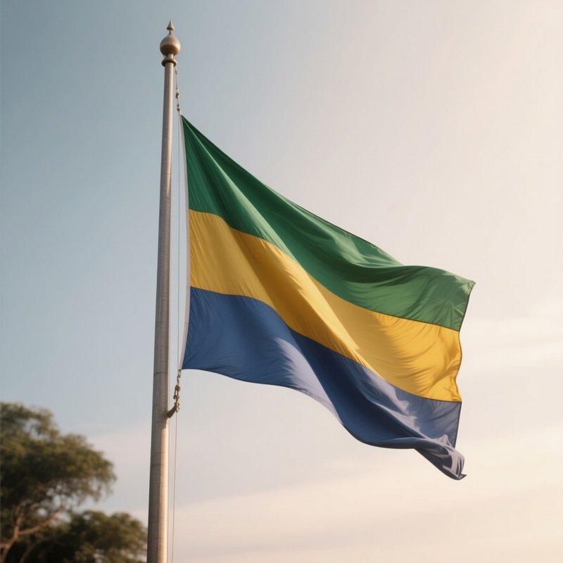 A Photorealistic Scene Of The National Flag Of Gabon Flying At Half Mast On A Tall Flagpole, Gently Lowering In The Wind Against A Respectful, Calm Backdrop With Soft Natural Lighting.