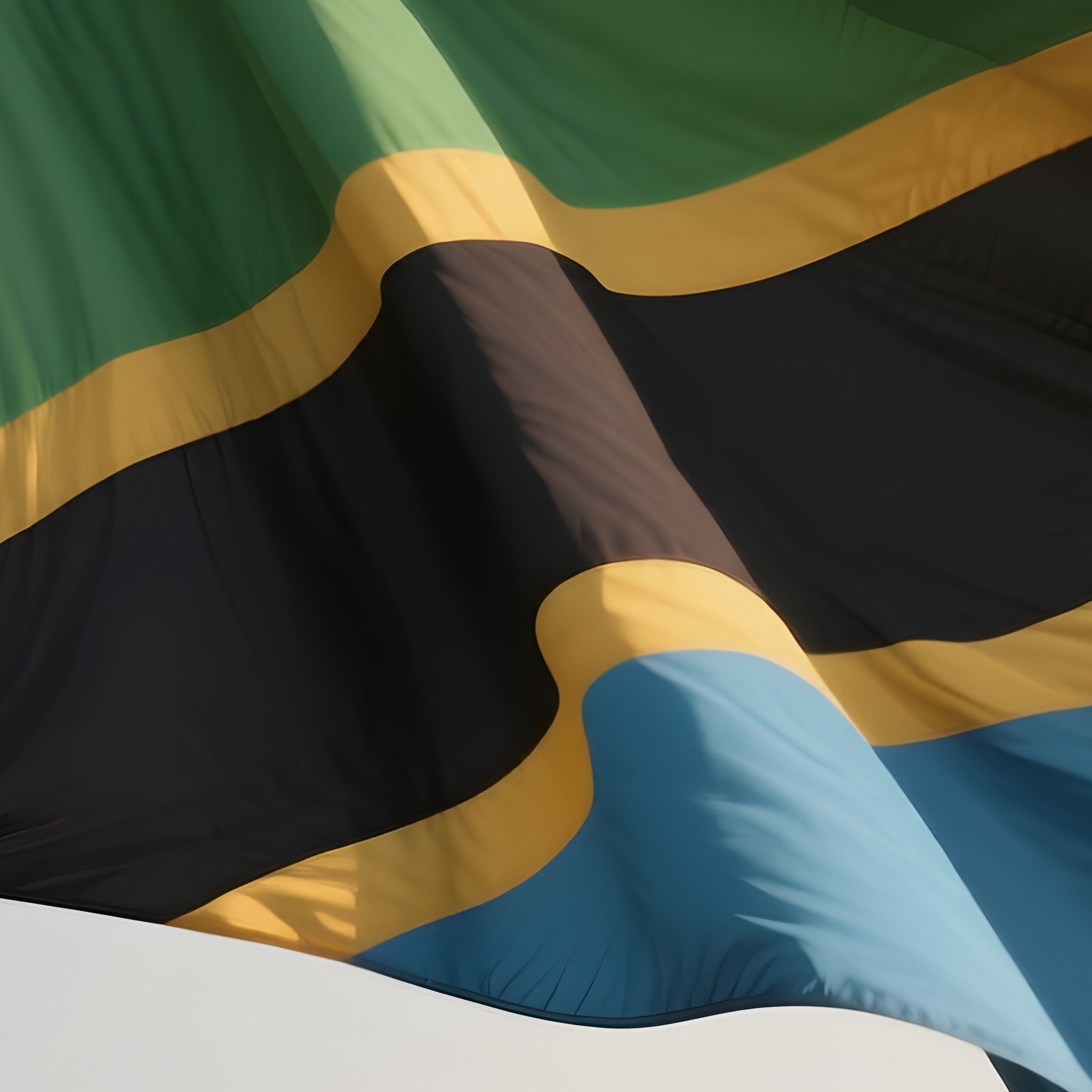 A Photorealistic Scene Of The National Flag Of Tanzania Flying At Half Mast On A Tall Flagpole, Gently Lowering In The Wind Against A Respectful, Calm Backdrop With Soft Natural Lighting. - Full Resolution Quality Preview