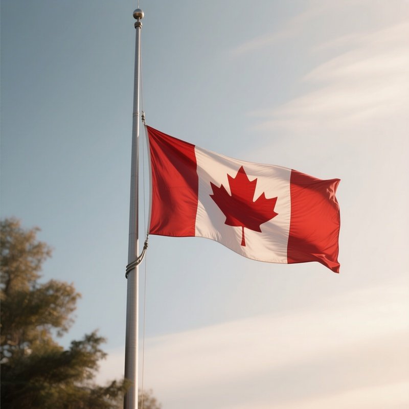 A Photorealistic Scene Of The National Flag Of Canada Flying At Half Mast On A Tall Flagpole, Gently Lowering In The Wind Against A Respectful, Calm Backdrop With Soft Natural Lighting.