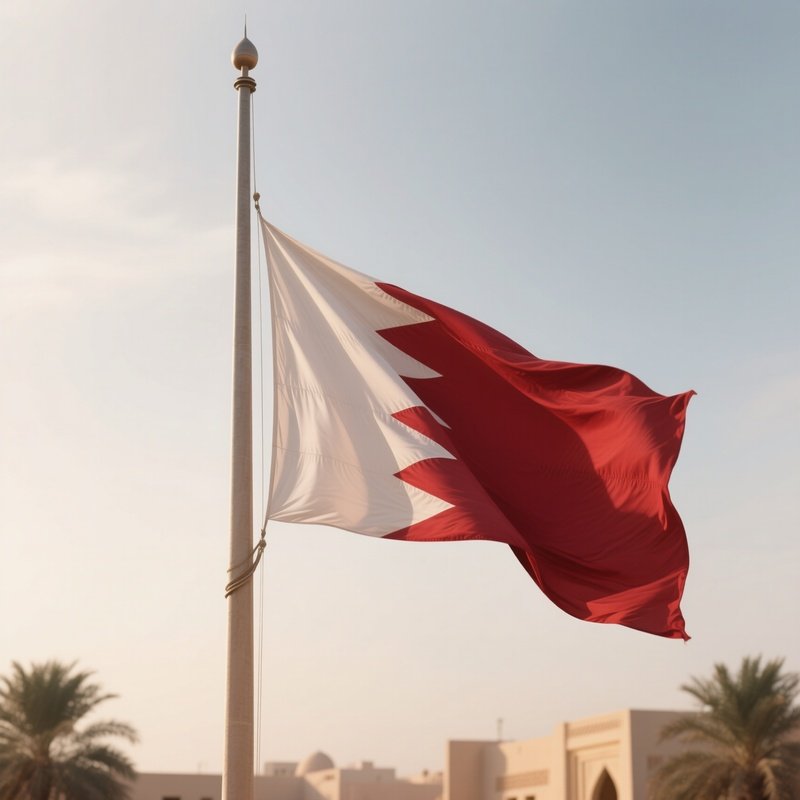 A Photorealistic Scene Of The National Flag Of Bahrain Flying At Half Mast On A Tall Flagpole, Gently Lowering In The Wind Against A Respectful, Calm Backdrop With Soft Natural Lighting.