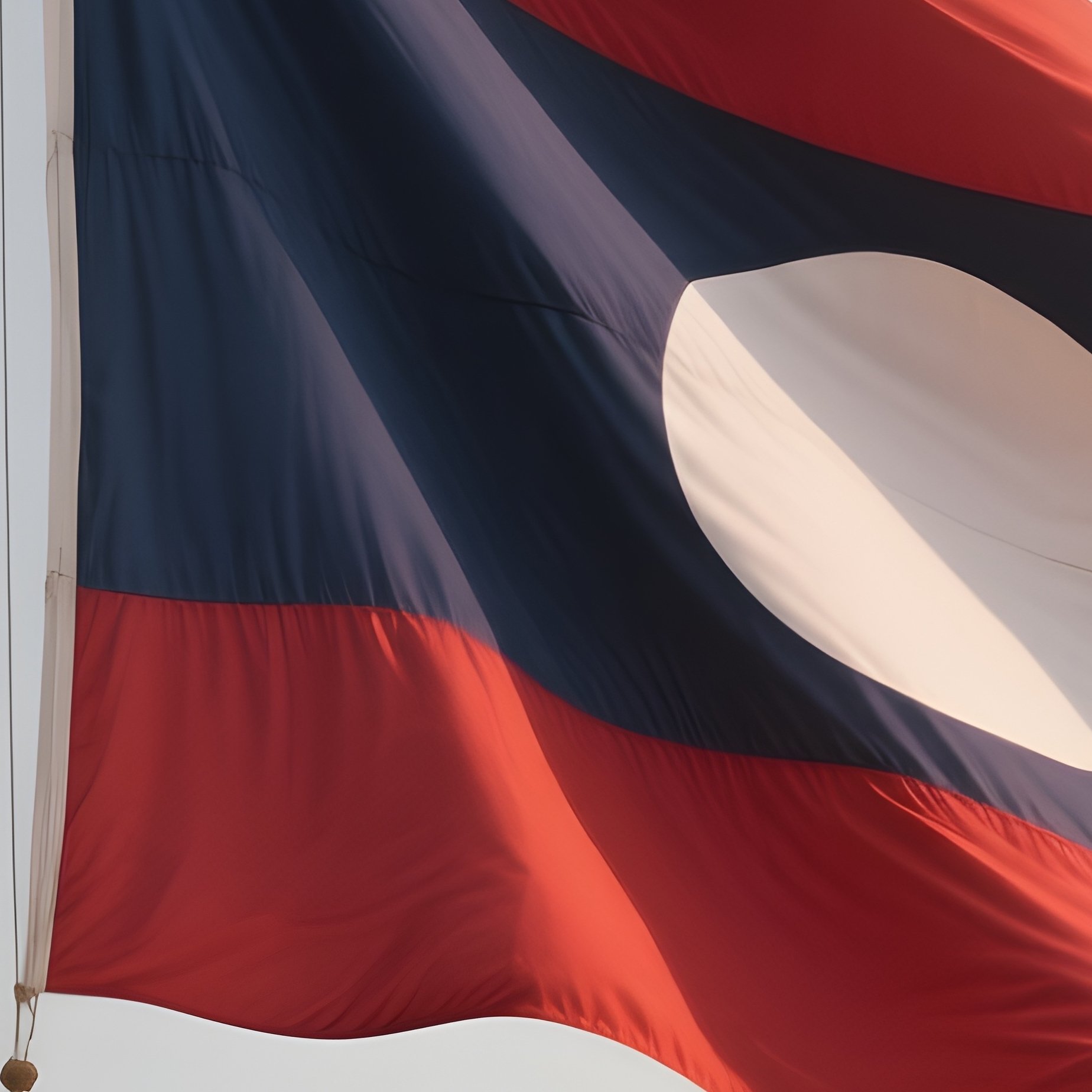 A Photorealistic Scene Of The National Flag Of Laos Flying At Half Mast On A Tall Flagpole, Gently Lowering In The Wind Against A Respectful, Calm Backdrop With Soft Natural Lighting. - Full Resolution Quality Preview